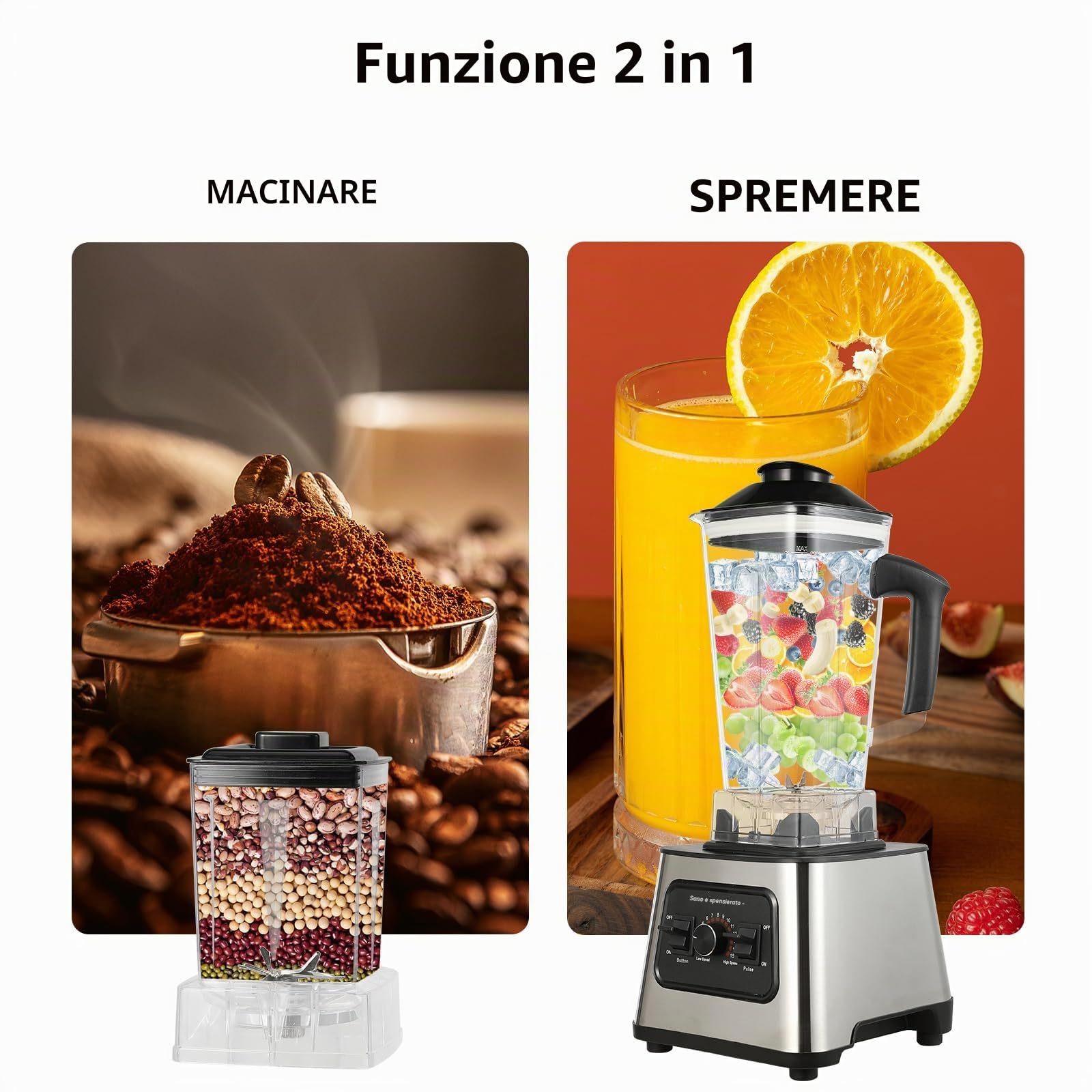 6000W 2-In-1 Blender Multifunzione, 2L+0,5L Blender Smoothie Professionale, Ergonomico, 2700RPM, 8 Lame in Acciaio Inox, 9 Impostazioni di Velocità, per Smoothie, Frullati, Alimenti, Ghiaccio Tritato
