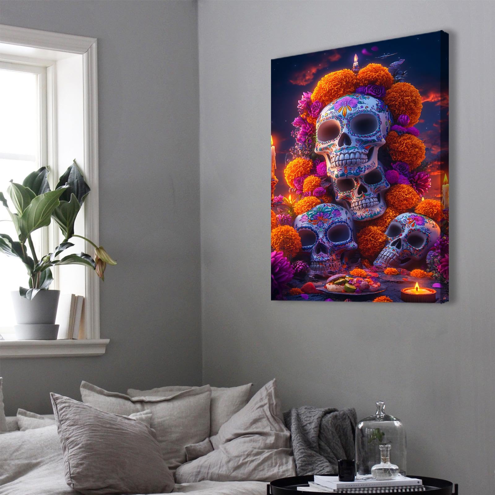 YUNART Dzień zmarłych ułożone czaszki cukru płótno sztuka ścienna plakaty nagietki i świece zdjęcia na ścianę do galerii dekoracji baru 35 x 52 cm rama wewnętrzna