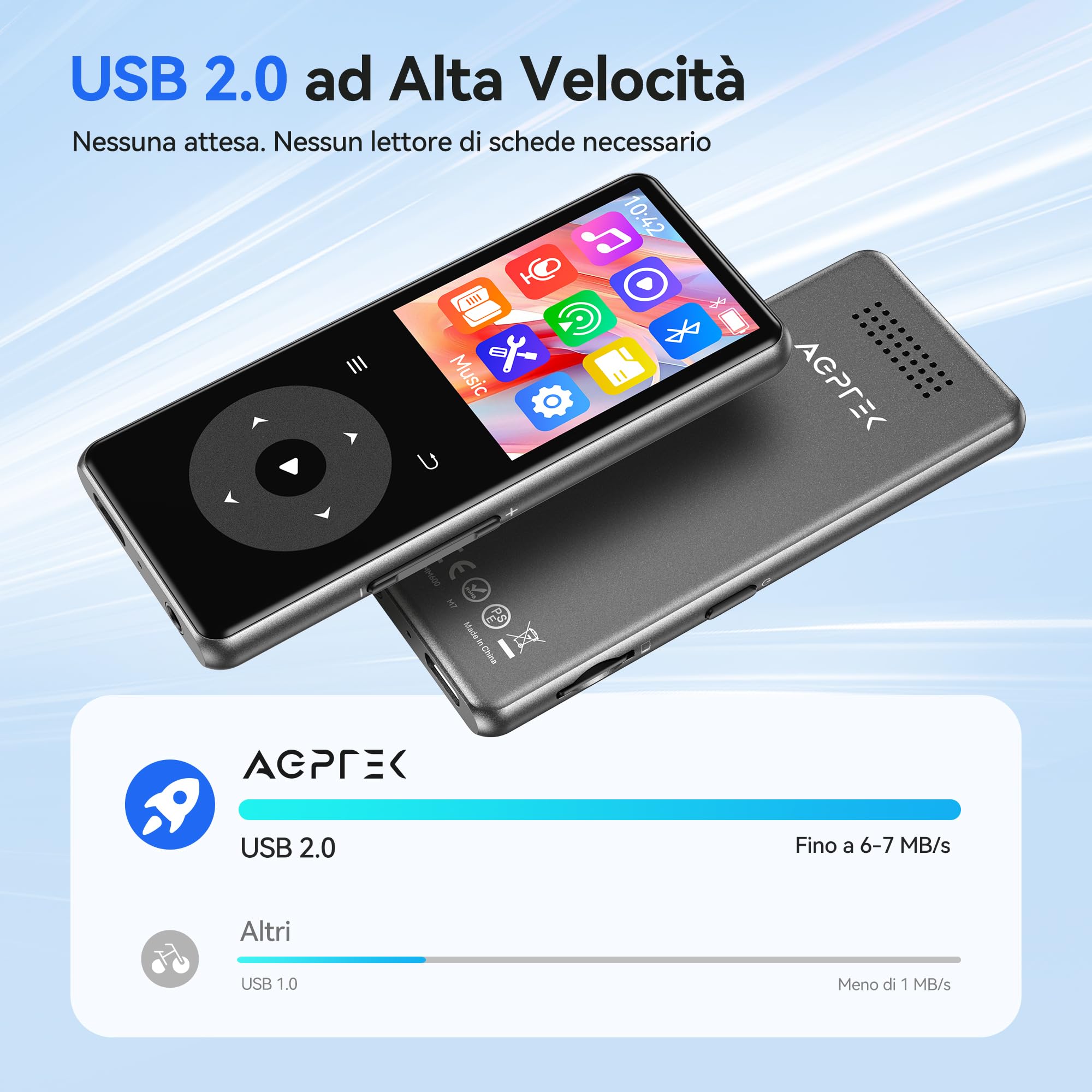 AGPTEK Nuovo MP3 Bluetooth 5.4, Senza Memoria, 1,8'' Lettore in Metallo con Tasti Tattili Retroilluminati, Suono HiFi con Altoparlante Radio, Portatile fino a 128GB (0GB)