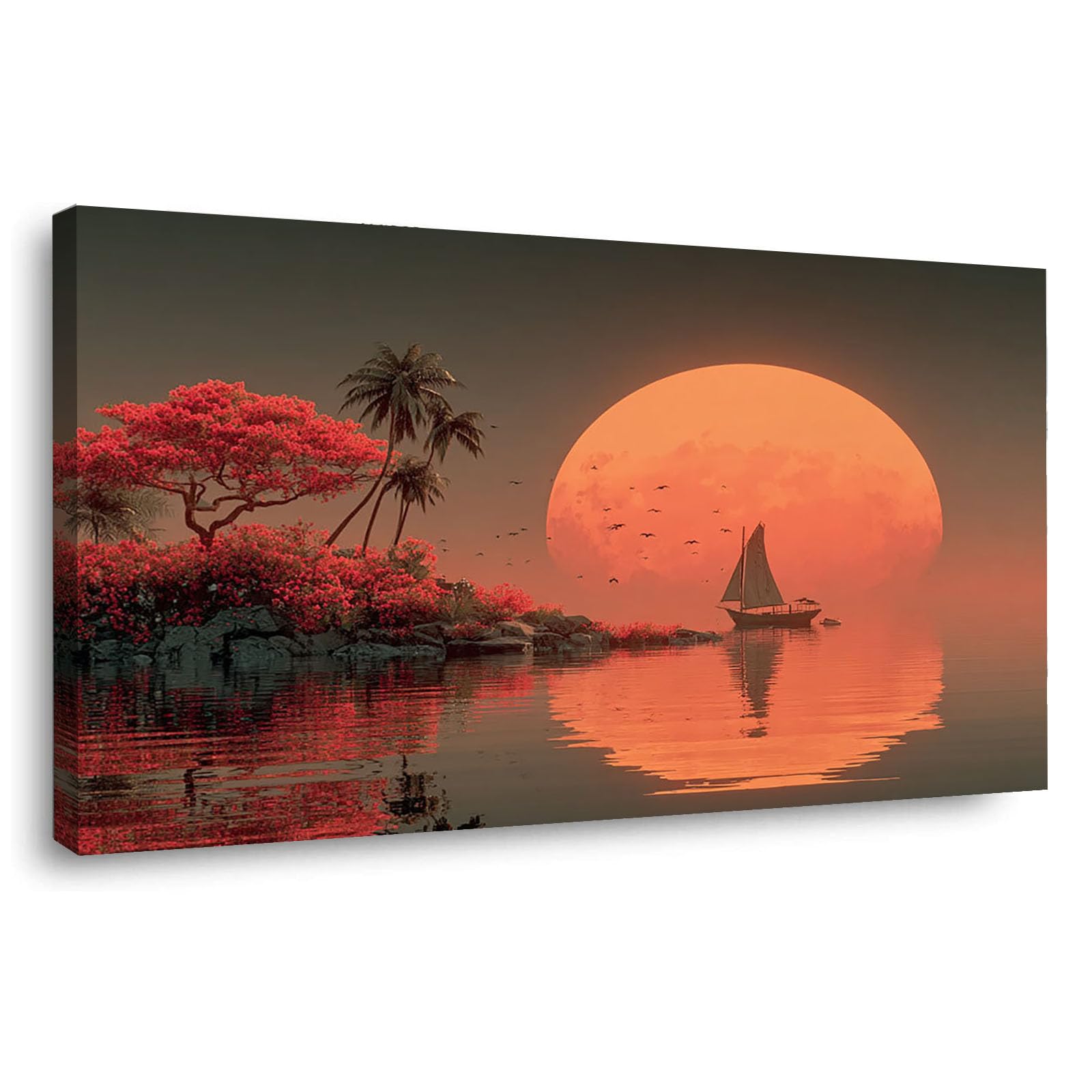 AMXBZC Moderne Leinwand Bilder Lake Tree Sonnenuntergangs Schlafzimmer Landschafts Bilder -Kunstdruck- Badezimmer -Büro Küche -Wohnzimmer Wand Deko(Orange 3)-20x40cm Gerahmt