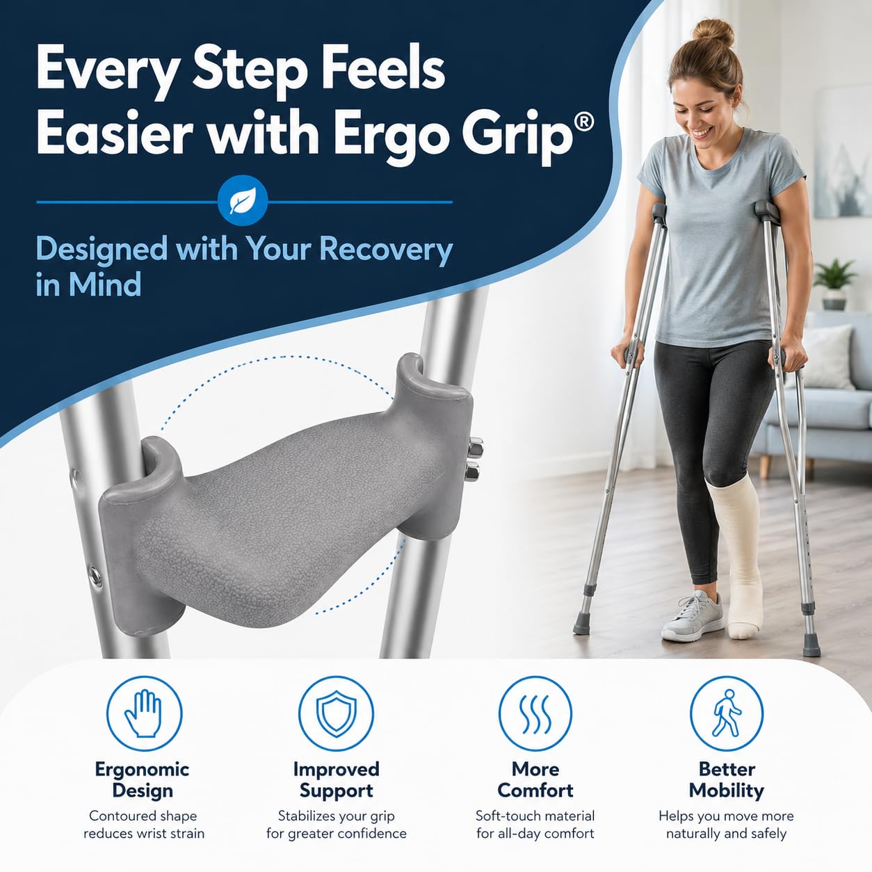 Ergo Grip Almohadillas para muletas, empuñaduras ergonómicas para muletas, reducen la presión en las muñecas, agarre de repuesto para muletas, no requiere montaje, se adapta a todas las muletas debajo