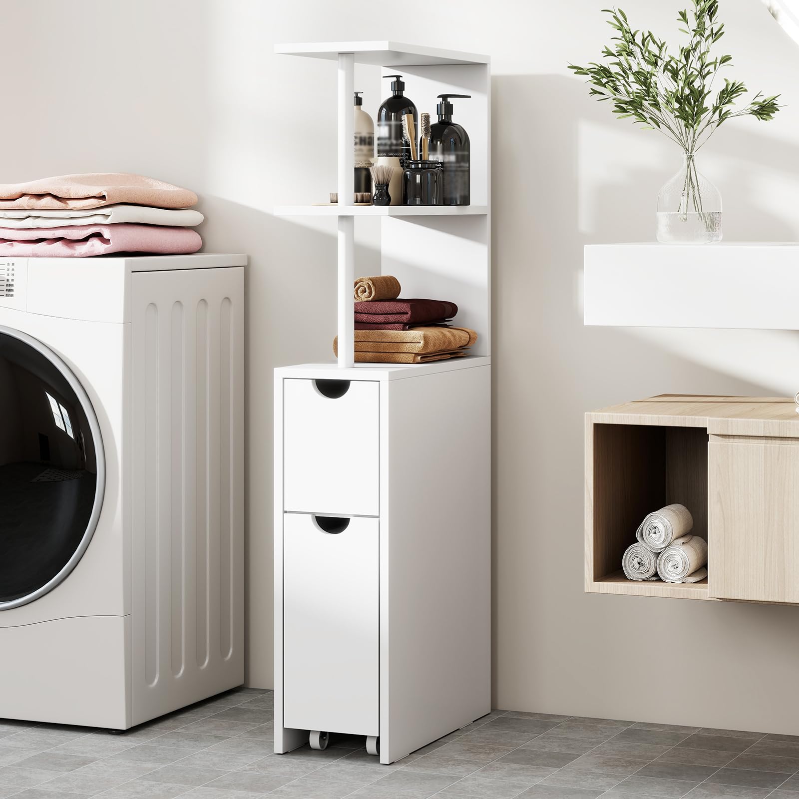 COSTWAY Mobile da Bagno Salvaspazio, Mobiletto Stretto e Autoportante con Ripiani Aperti, Cassetto Scorrevole e Carrello Estraibile, Mobiletto a Terra in Legno per Cucina, 45 × 20 × 114 cm