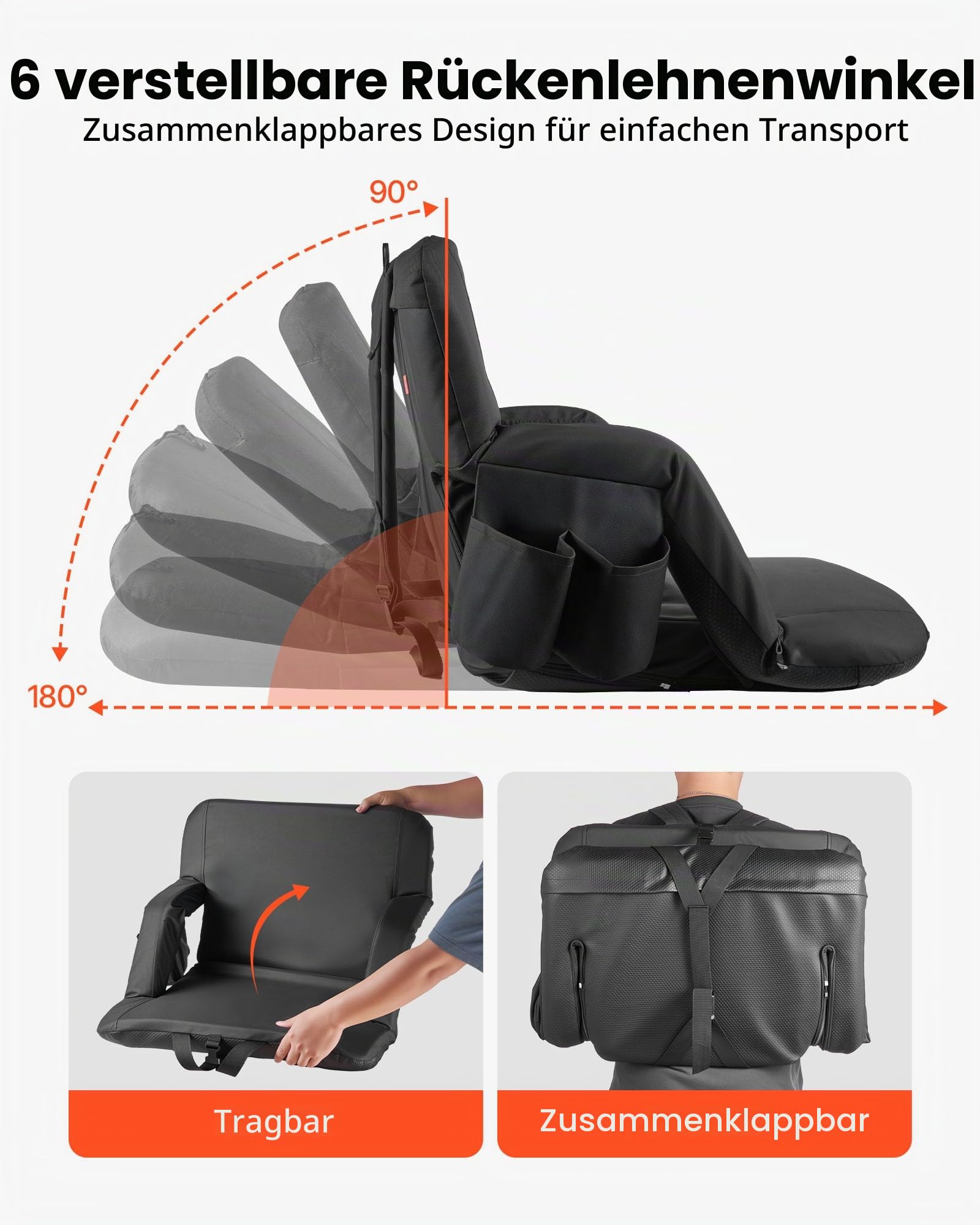 VEVOR 2 x Stadionsitz Sitzkissen mit 6 einstellbaren Winkeln, gepolsterter Stadionstuhl (635 mm breit) mit Armlehne & Rückenlehne & Getränkehalter, Tribünensitz für Picknicks Strandsport Gaming