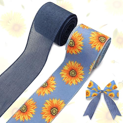 2 rollos de cintas de lino azul de tela de primavera, girasoles de primavera, cintas de arpillera con alambre, cintas de decoración de primavera