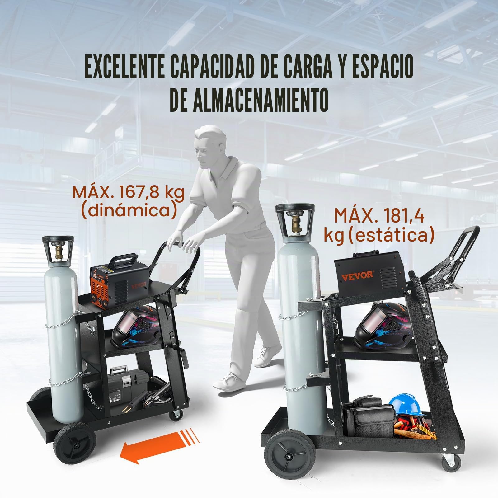 VEVOR Carro de Soldadura de 3 Niveles Carro de Estación de Soldadura 181,4 kg Capacidad de Carga Ruedas de 360° Cadenas Depósitos de Seguridad Carro de Soldadura MIG para Taller TIG ARC MMA Plasma