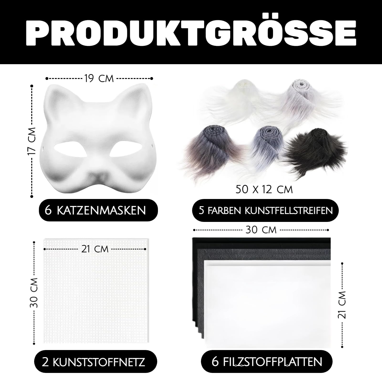 Masque Chat Diy Therian Ensemble, 6 Masque Halloween, Masque Bal Masqué, MatéRiau Papier, Livré Avec De La Fausse Fourrure,De La Maille Et Du Feutre Convient Pour Halloween,Mascarade,Jeu De RôLe