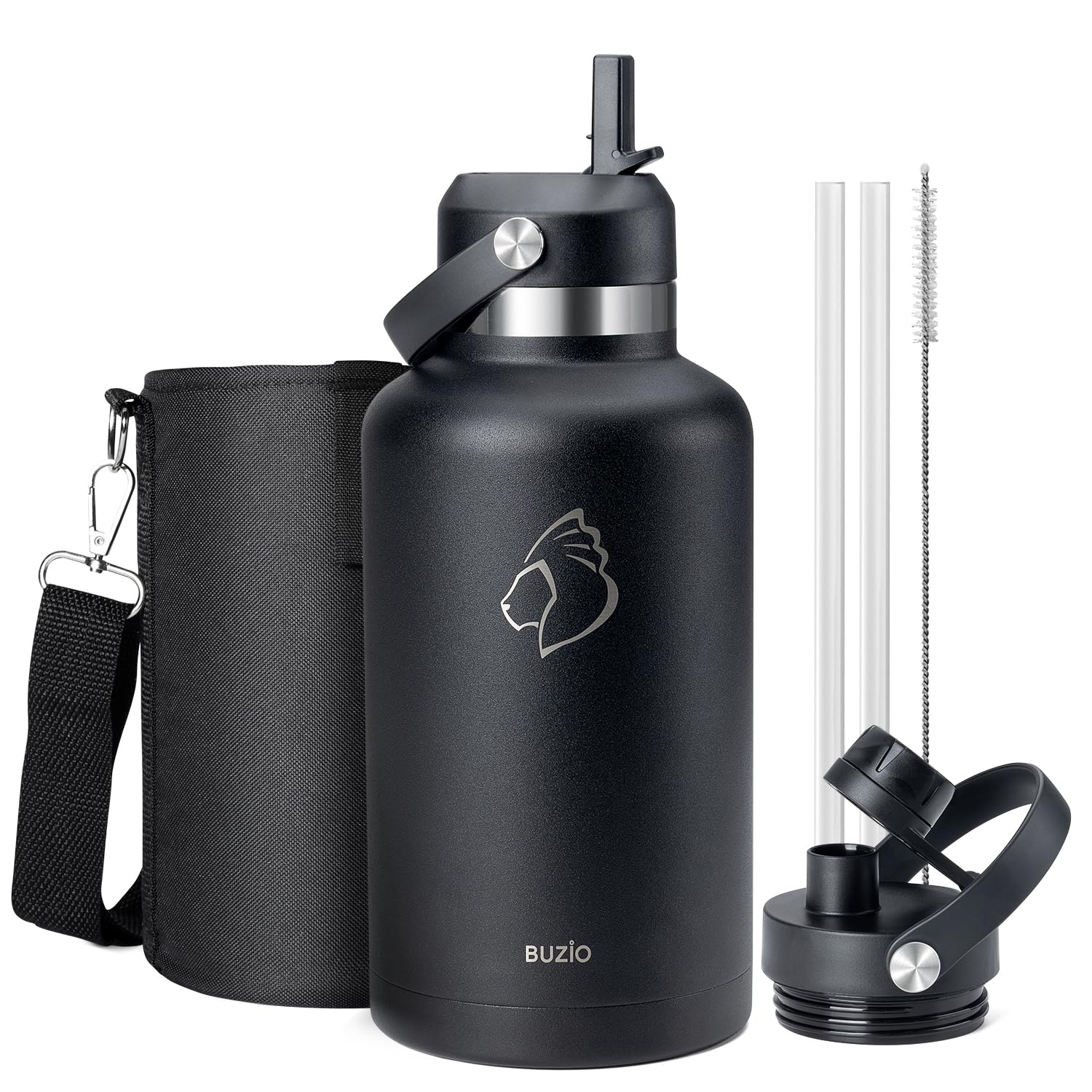 64oz Insulated Water Bottle with Straw Spout Lid, BUZIO Half Gallon Stainless Steel Thermo Flask with Carrying Pouch, Double Wall Vacuum Wide Mouth Leak Proof Tumbler Mug Metal Canteen, Black