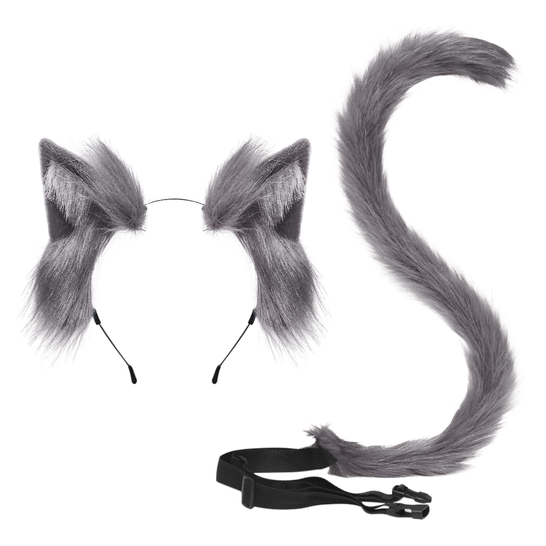YJZQ Halloween Faux Fur Fox Tail Set Adjustable Furry Fox Tail Costume Plush Faux Fur Tail and Ears Set for Halloween Party, Cosplay, Masquerade (Grey-cat)