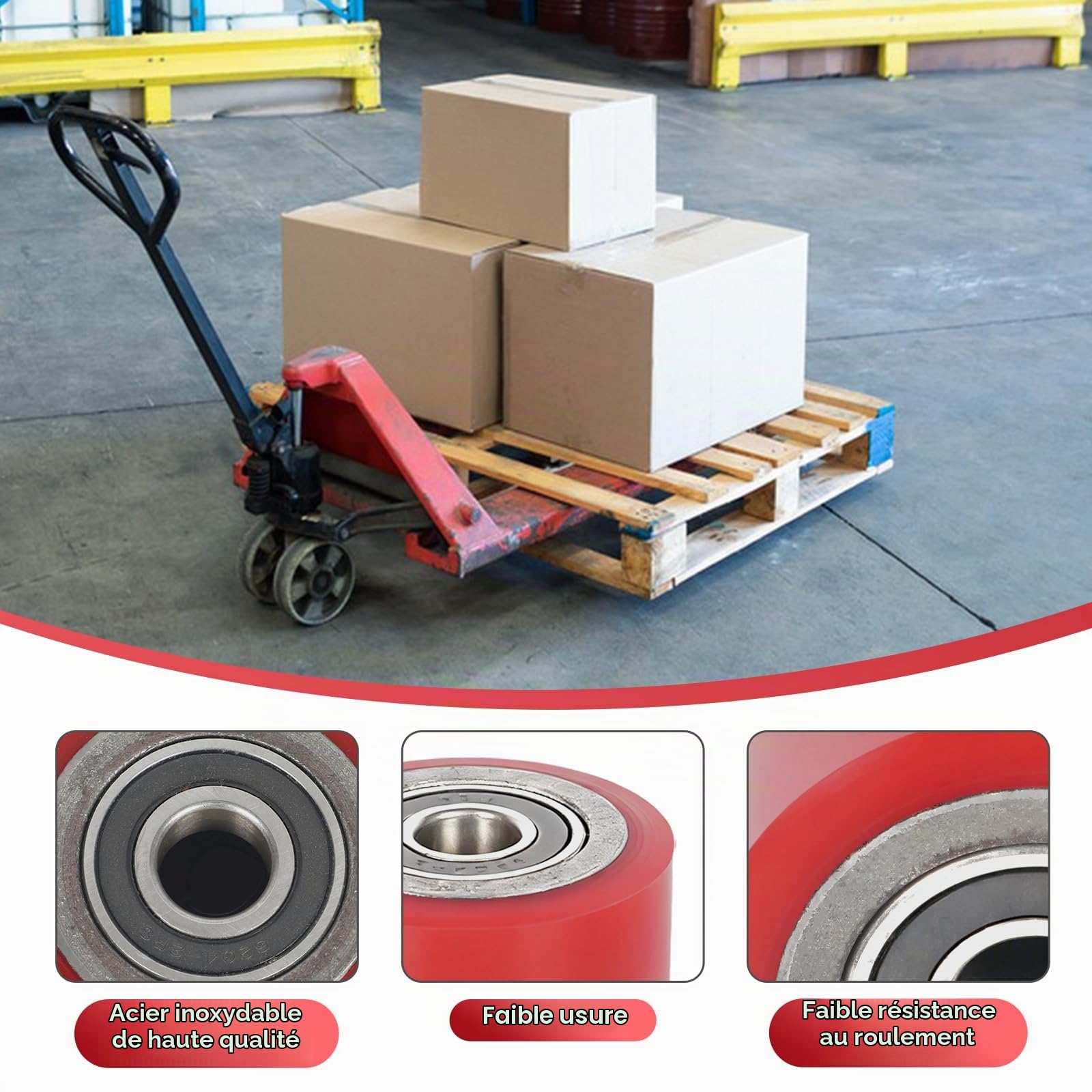 Lot de 4 roulettes de chariot élévateur en polyuréthane 80 x 70 mm - Arbre 20 mm - Roulement à billes inclus - Rouleau de chariot élévateur - Roue de roulement - Rouleau de rechange - Charge maximale
