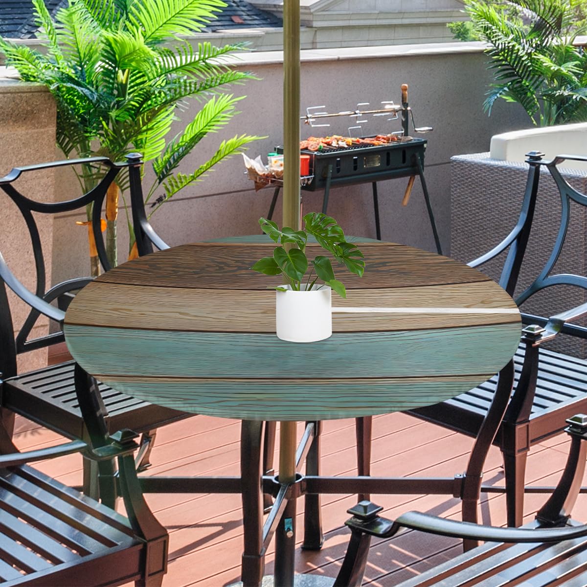 Round Fitted Tablecloth with Umbrella Hole Wood Texture Outdoor Fitted Tablecloth with Zipper Round Elastic Table Cover Waterproof Umbrella Table Cloth 36