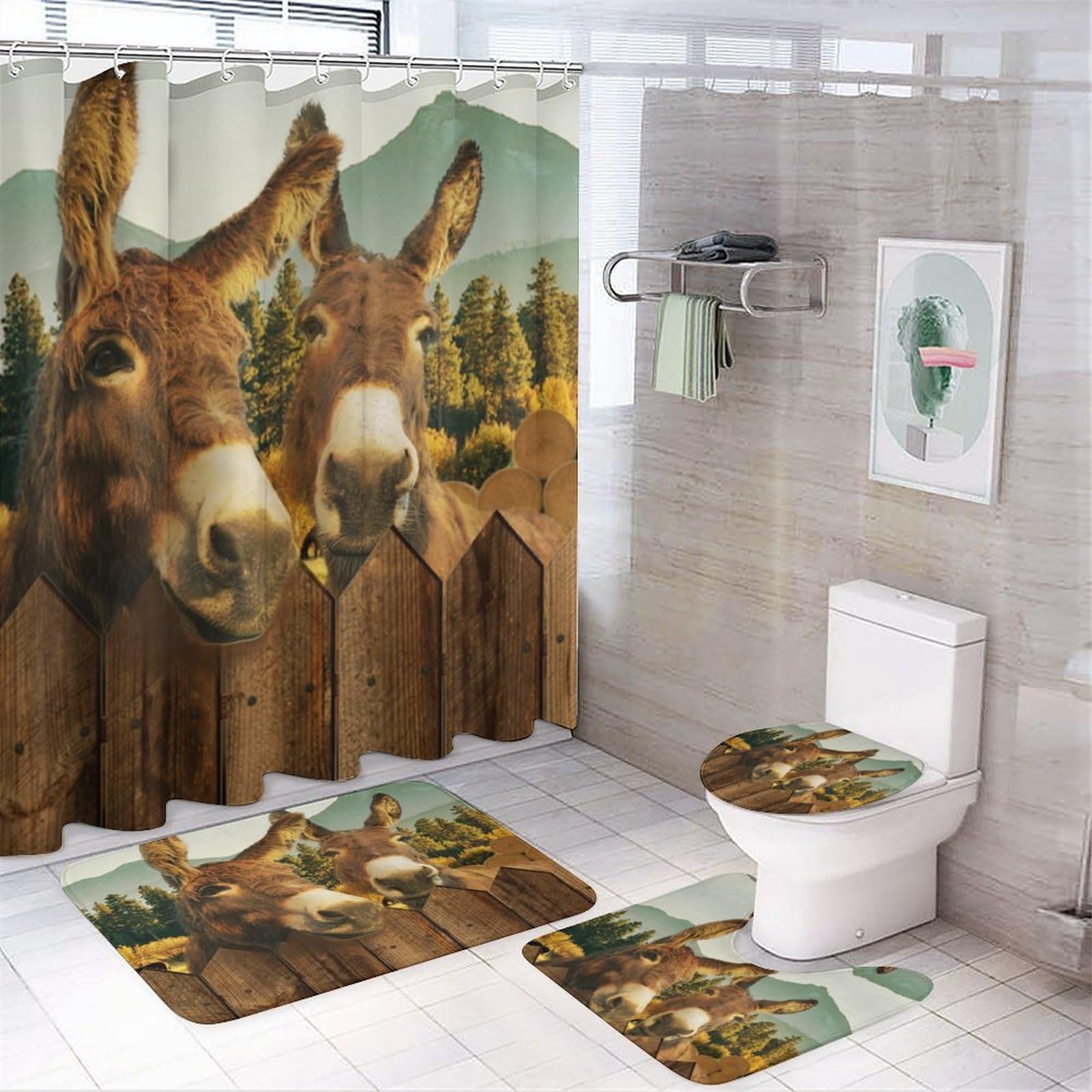 Juego de cortina de ducha creativa de burro rústico para baño, diseño vintage, bosque, burro, animales de granja, antideslizante, impermeable, alfombra de baño, alfombra de inodoro, 183 x 183