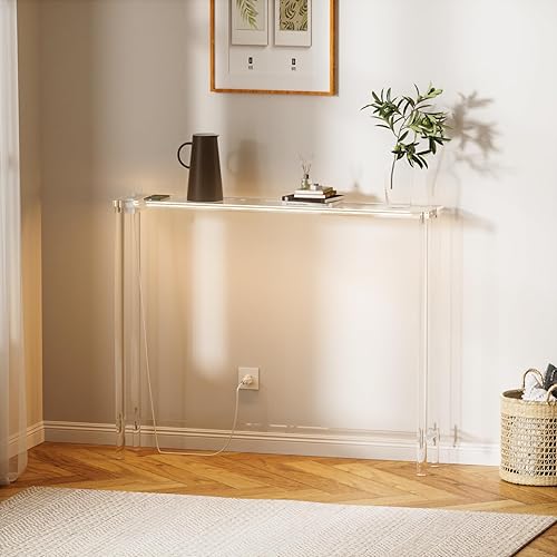 Miniatura 7 de Mesa consola de acrílico con luz LED, entrada estrecha transparente con toma de corriente, mesa de sofá de acrílico moderna de 2 niveles para