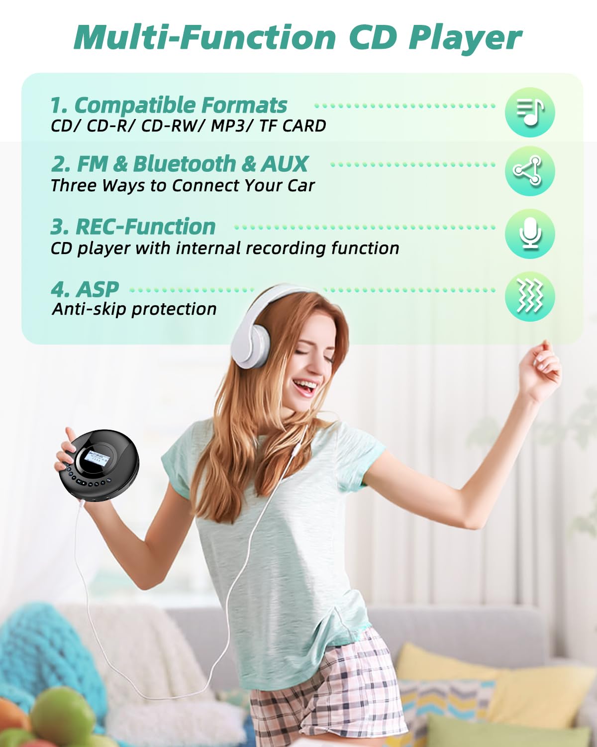 Arafuna Lecteur CD Portable - Discman - Radio Dab+/FM - CD, CD-R/RW, Lecteur CD Bluetooth avec Fonction Livre Audio - Antichoc - Batterie intégrée 2000 mAh - Noir