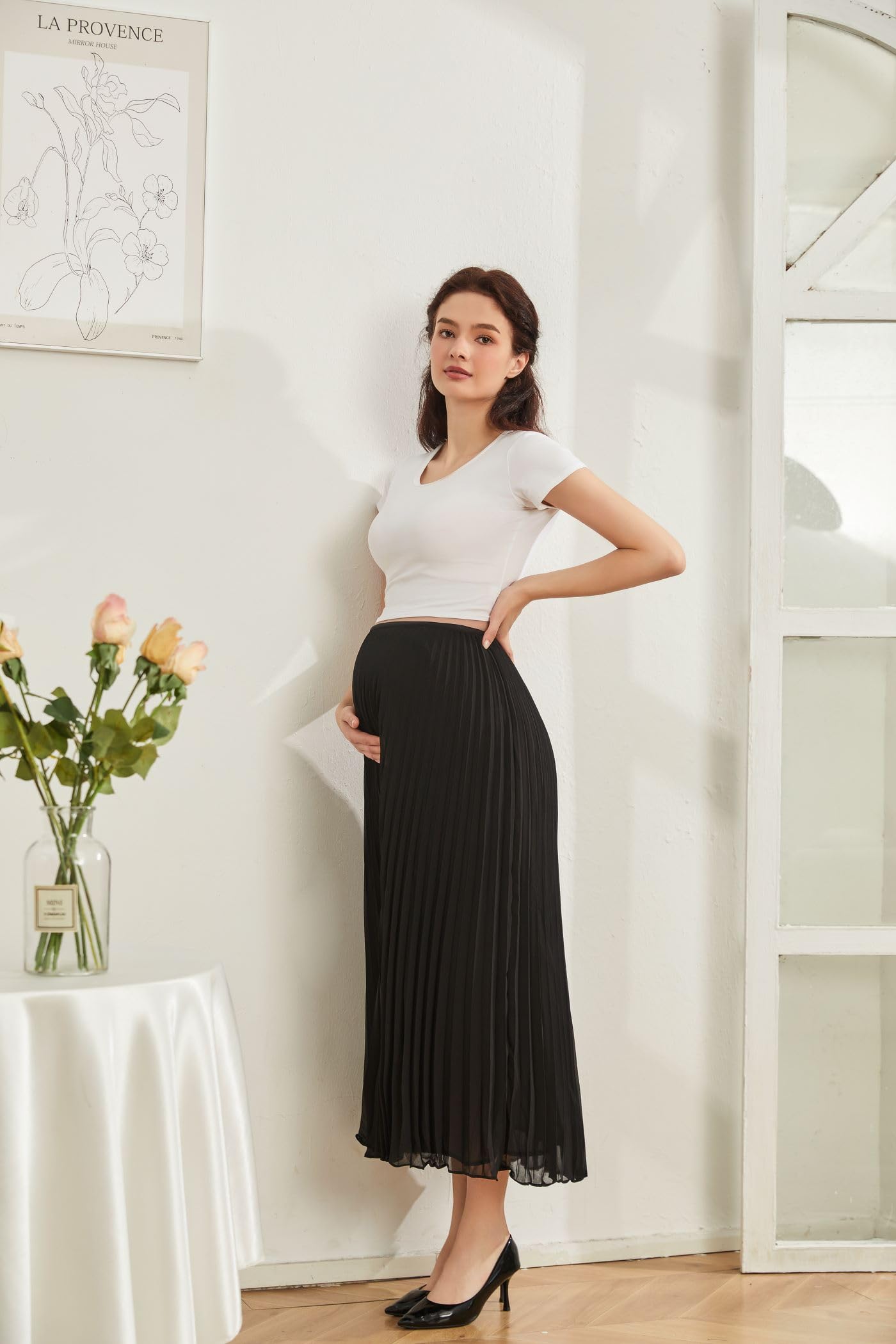 Falda de maternidad plisada de cintura alta elástica para mujer, falda de embarazo sobre el vientre, falda de gasa acampanada, ropa casual