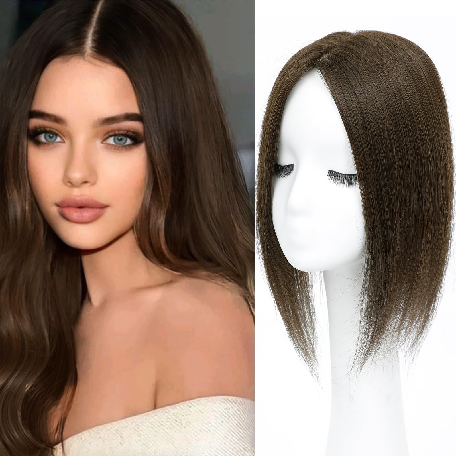 Photo 1 of RMYHIG Hair Toppers for Women Real Human Hair, 360° 3D Human Hair Toppers for Women with Thinning Hair Upgrade Middle Part Clip in Bangs (Medium Brown, 14 Inch-3D-Side)
