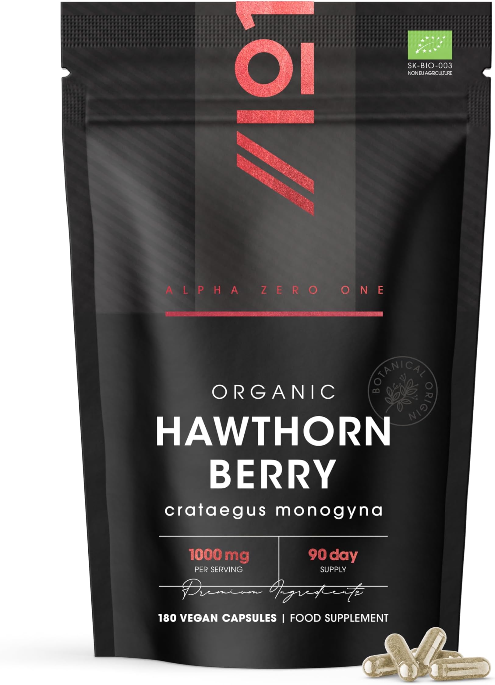 Organic Hawthorn Berry 1000mg โ 180 Vegan Capsules โ High Strength Crataegus Monogyna Supplement โ Clean & Potent Formula โ Resealable and Recyclable Pouch by Alpha01