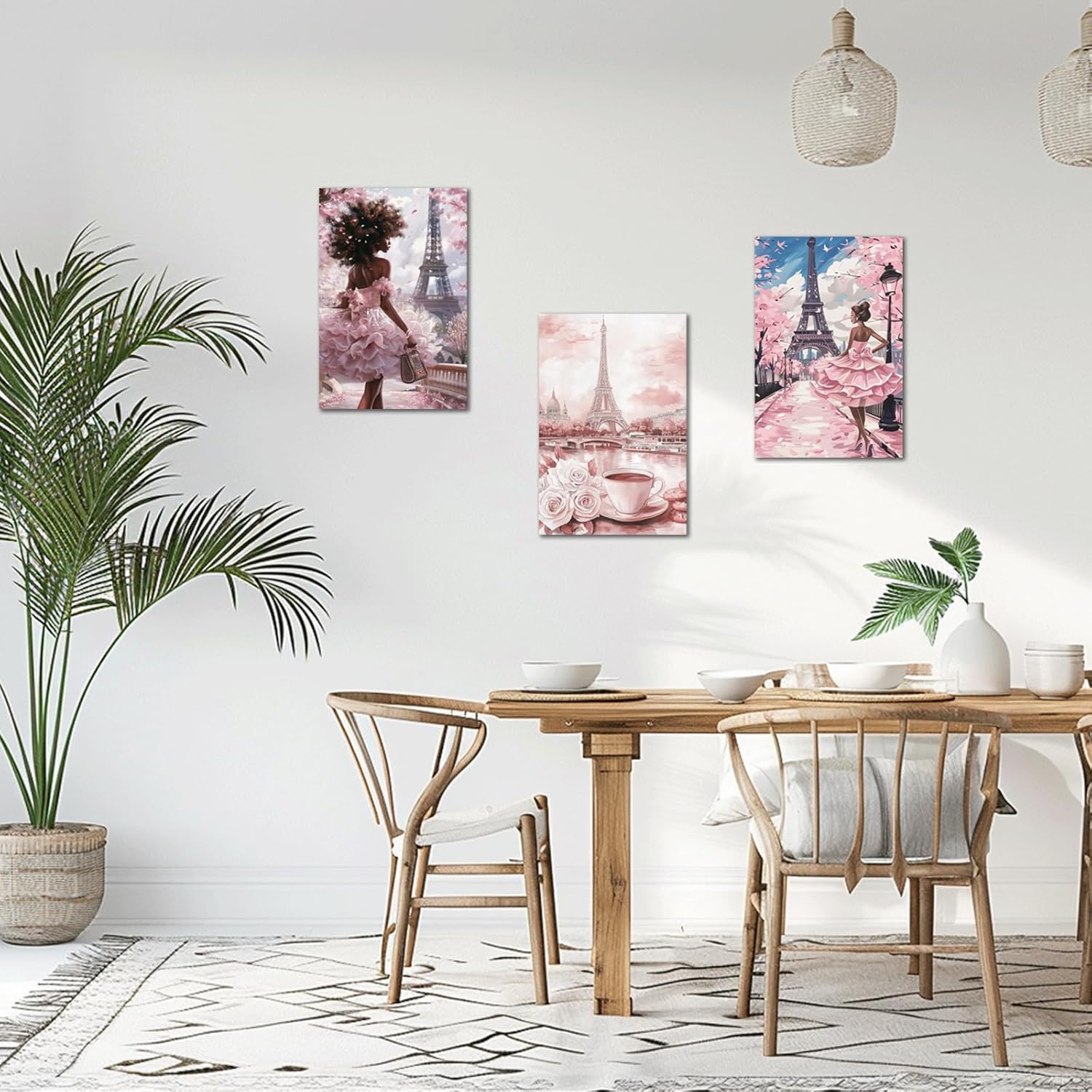 PBXBJY Paris Wall Art Eiffel Tower Pictures 3Pcs African American Paintings Abstract French Landscape Posters Elegant Women Canvas Prints Black Girls Bedroom Decor (Pink, (12" x 16" x 3PCS))