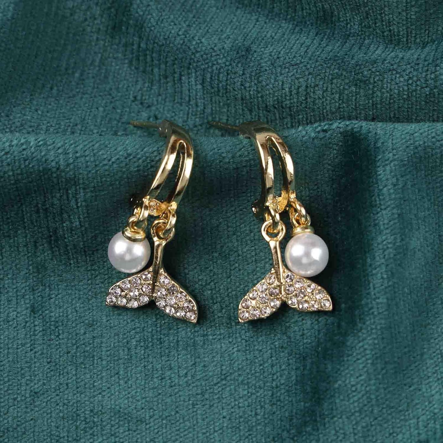 Boho Crystal Pearl Dangle Earrings Cz Mermaid Tail Stud Earrings Gold Pearl Hoop Earrings Vintage Whale Tail Earrings Jewelry for Women - Image 3