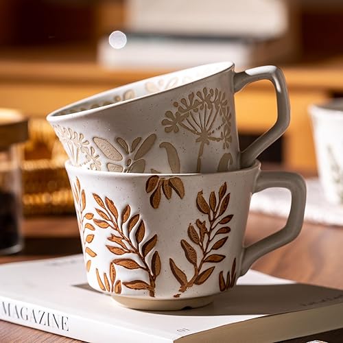 Miniatura 3 de Juego de 4 tazas de café con cuchara dorada, taza de cerámica pintada a mano de estilo antiguo de 11 onzas para hombres y mujeres, regalos únicos de
