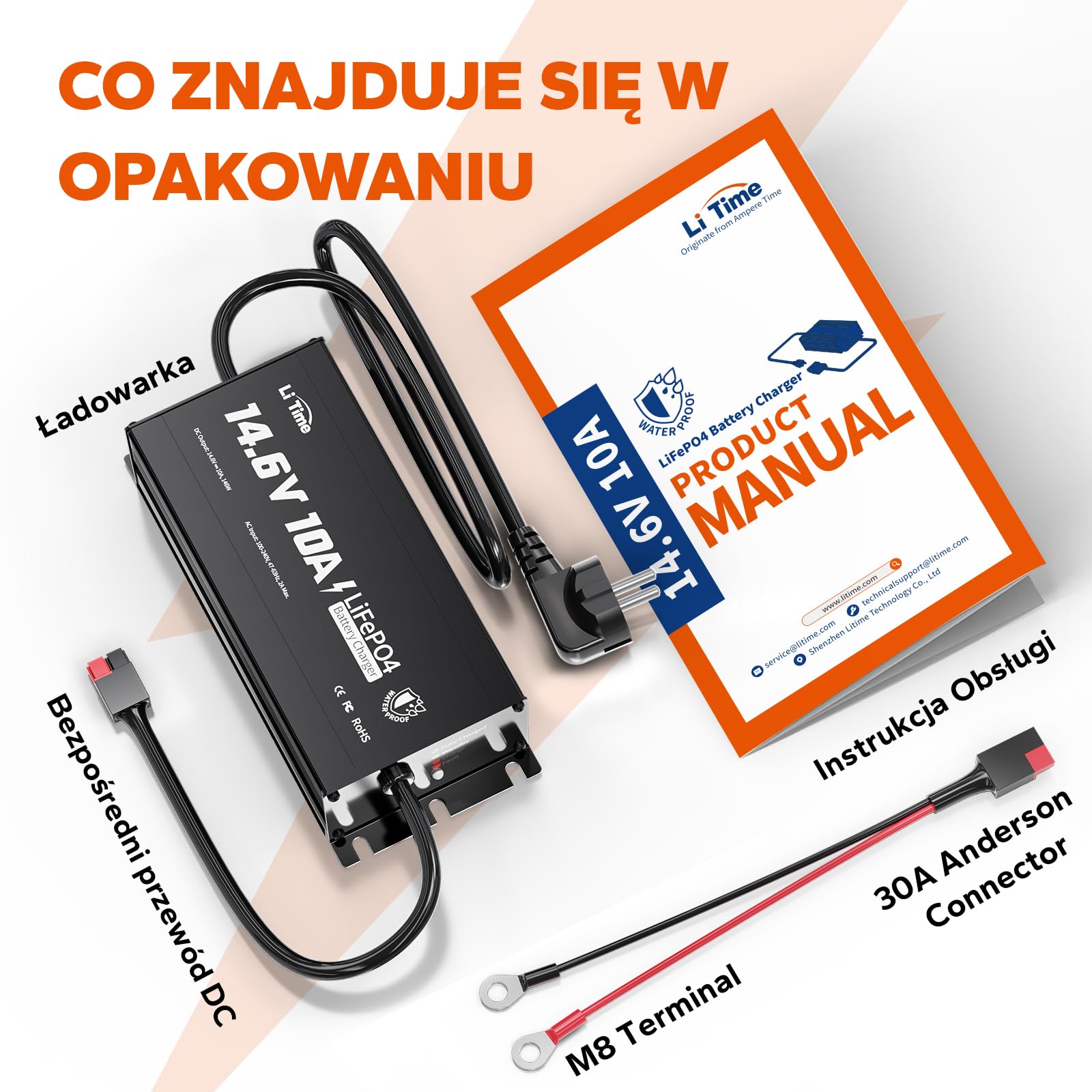 LiTime 14,6V 10A Ładowarka Pokładowa do Akumulatorów Litowo-jonowych IP67, 4-krotna Ochrona, Lepsza Wydajność ładowania, Wydłużona żywotność Akumulatorów Litowo-jonowych, do Użytku Zewnątrz Morzu