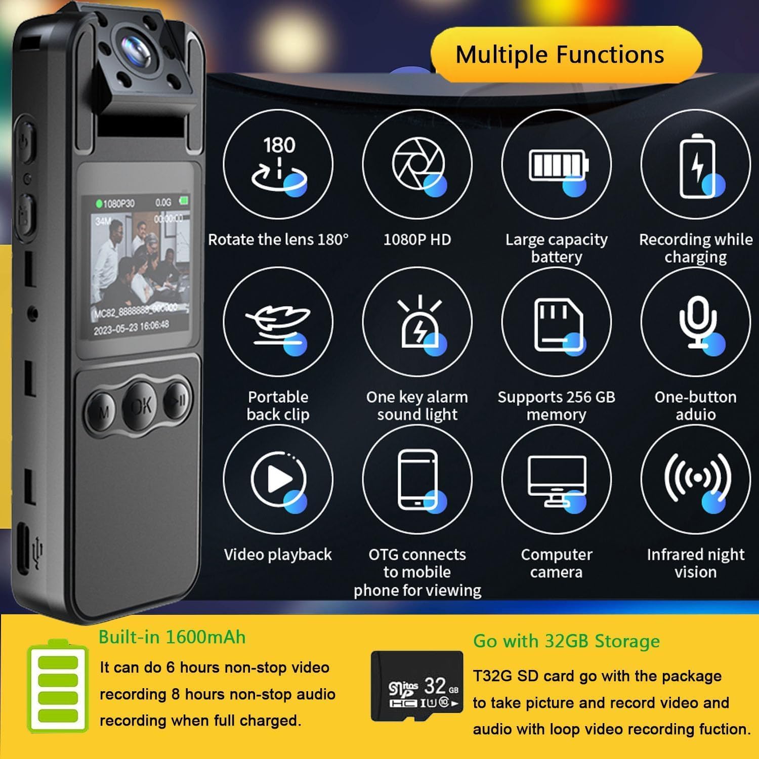 Cámara corporal de policía HD de 1080P, 32 GB, grabación de video, audio, imagen LCD de 1.3 pulgadas, visión nocturna infrarroja, batería de 1600 mAh, impermeable, ligera, para registro de