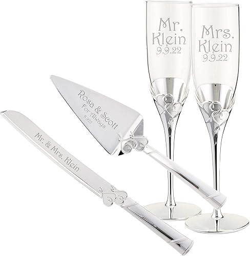 Lenox True Love - Paquete de boda personalizado, incluye cuchillo para pastel de boda grabado personalizado y juego de servidor con flautas de