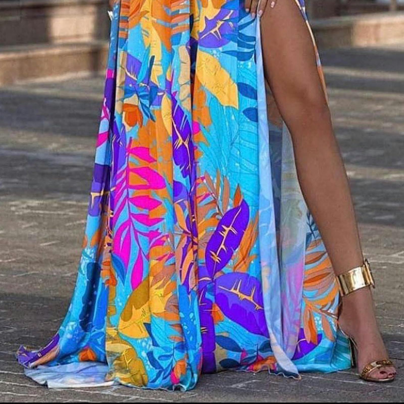 Abiti da Donna Abito Estivo con Foglie, Elastico su Quattro Lati, Elegante Abito con Scollo A V, Top A Tubino Morbido E Confortevole, Lungo Fino al Pavimento