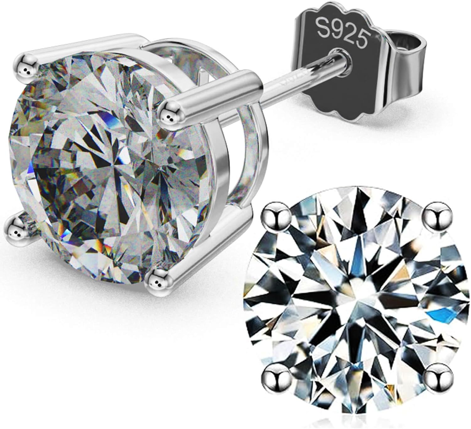 925 Sterling Silver Cubic Zirconia Studs Earrings for Women Men - Hypoallergenic 14K White Gold Plated 5/6/7/8mm Clear Round Cut CZ Studs Earrings