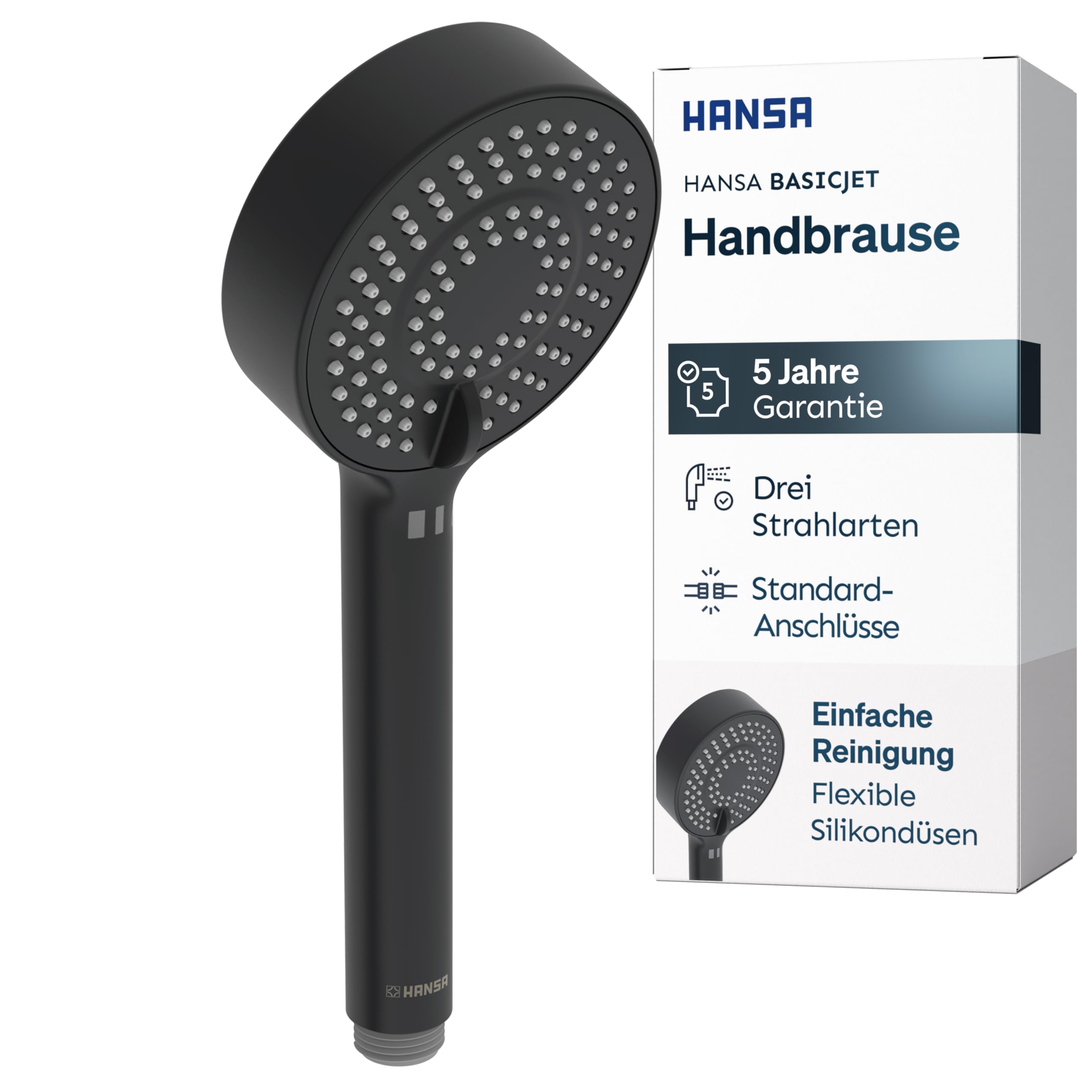 HANSA BASICJET Duschkopf mit 3 Strahlarten I Handbrause Dusche I Anti-Kalk Funktion I Brausekopf 95 mm Durchmesser | Standard G 1/2 Anschluss | Schwarz