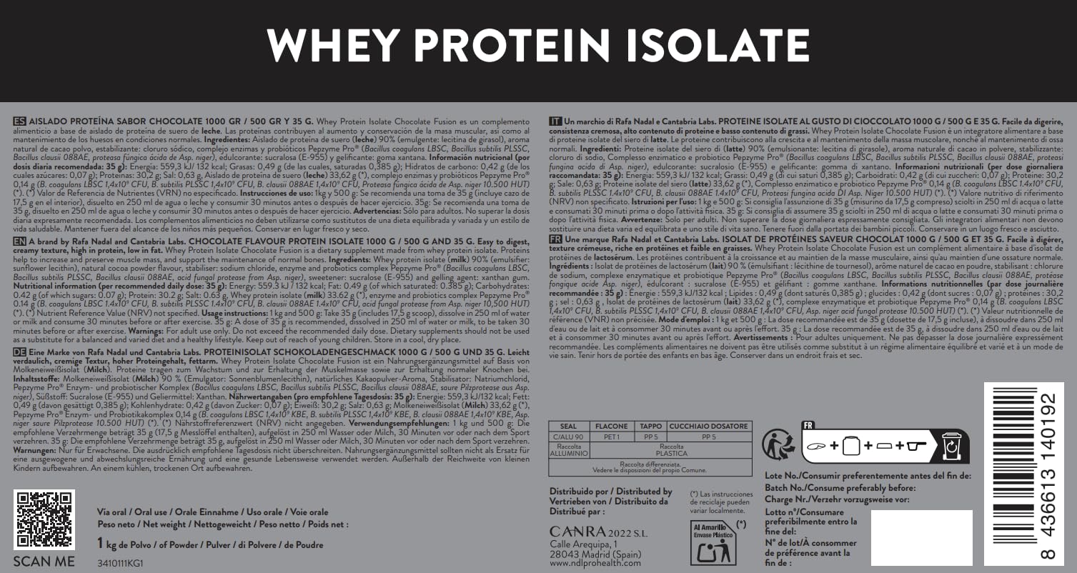 NDL Pro-Health Proteine Isolate | 90% Proteine del siero del latte| 1 kg | Probiotico Pepzyme Pro® I Basso contenuto di zucchero e grassi I Elevata purezza e digeribilità I Cioccolato