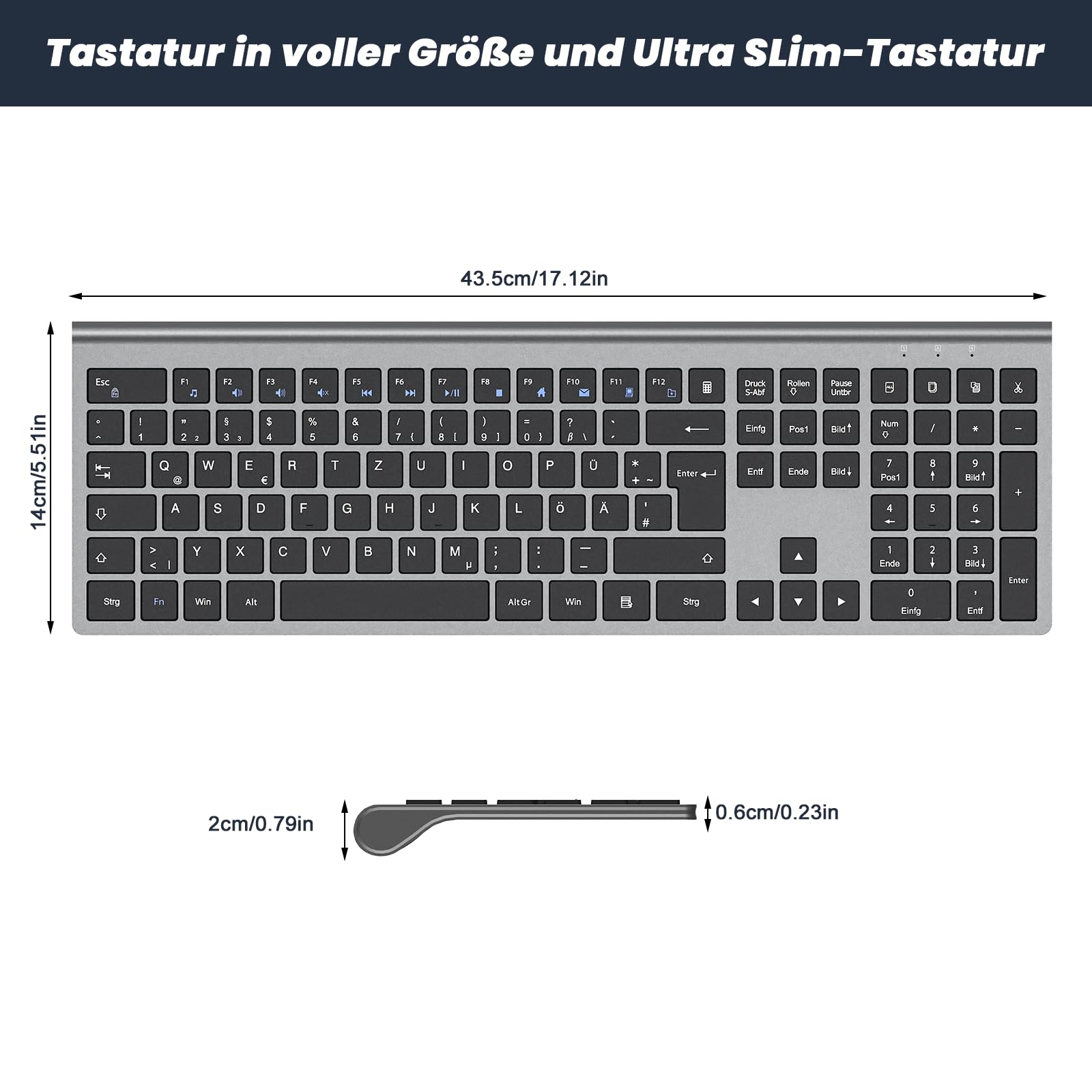 cimetech Tastatur Kabellos 2,4G Aufladbare Full Size Ultraslim Keyboard