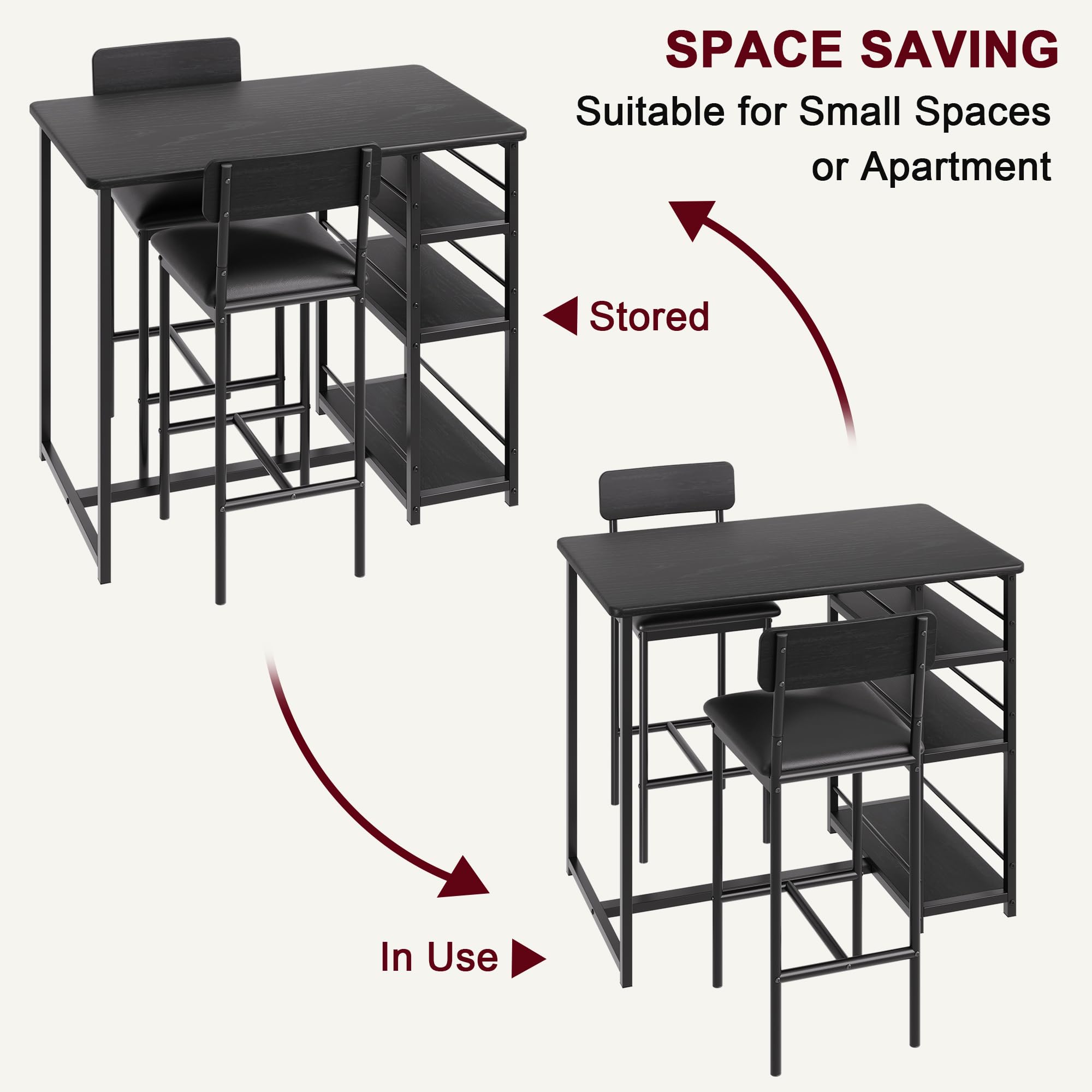 Set Tavolo da Bar con 2 Sgabelli Imbottiti e Tavolo Alto con 3 Ripiani di Stoccaggio, Set Tavolo da Cucina Salvaspazio per Piccoli Spazi, Tavolo da Pranzo per Casa, Bistrò e Monolocale, Nero