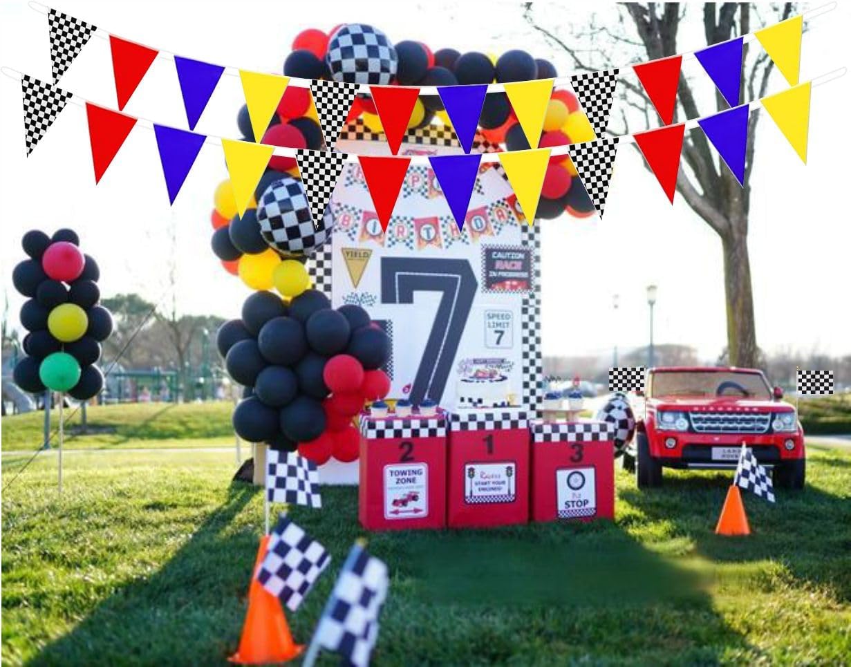 2 Pack Race Car Checkered Red Blue Yellow Pennant Banner Triangle Flag Bunting Garland for Grand Opening Wedding Kids Birthday Baby Shower Outdoor Garden Hanging Decorations 66 Feet 64 pcs