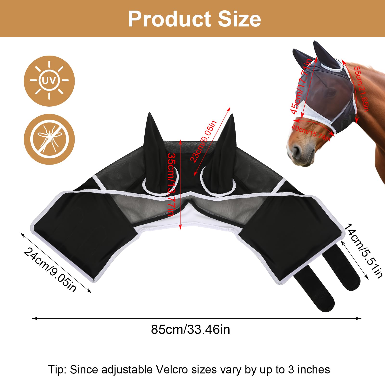 Máscara de mosca para caballo con protección UV, orejas de mosca, respirabilidad