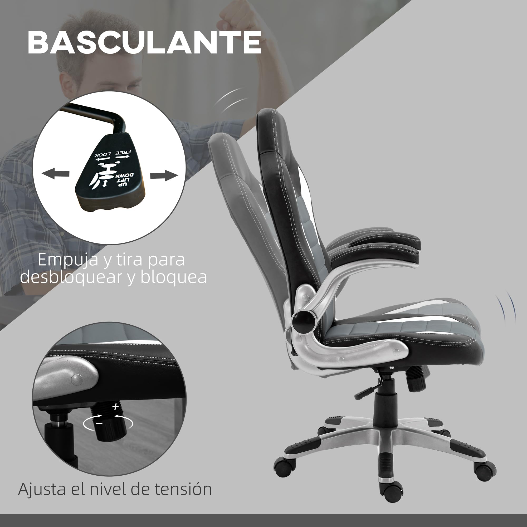 HOMCOM Silla de Oficina Silla de Escritorio Ajustable Silla de Despacho con Reposabrazos Abatibles 5 Ruedas y Función Basculante Carga 120 kg 65x69x112-122 cm Gris