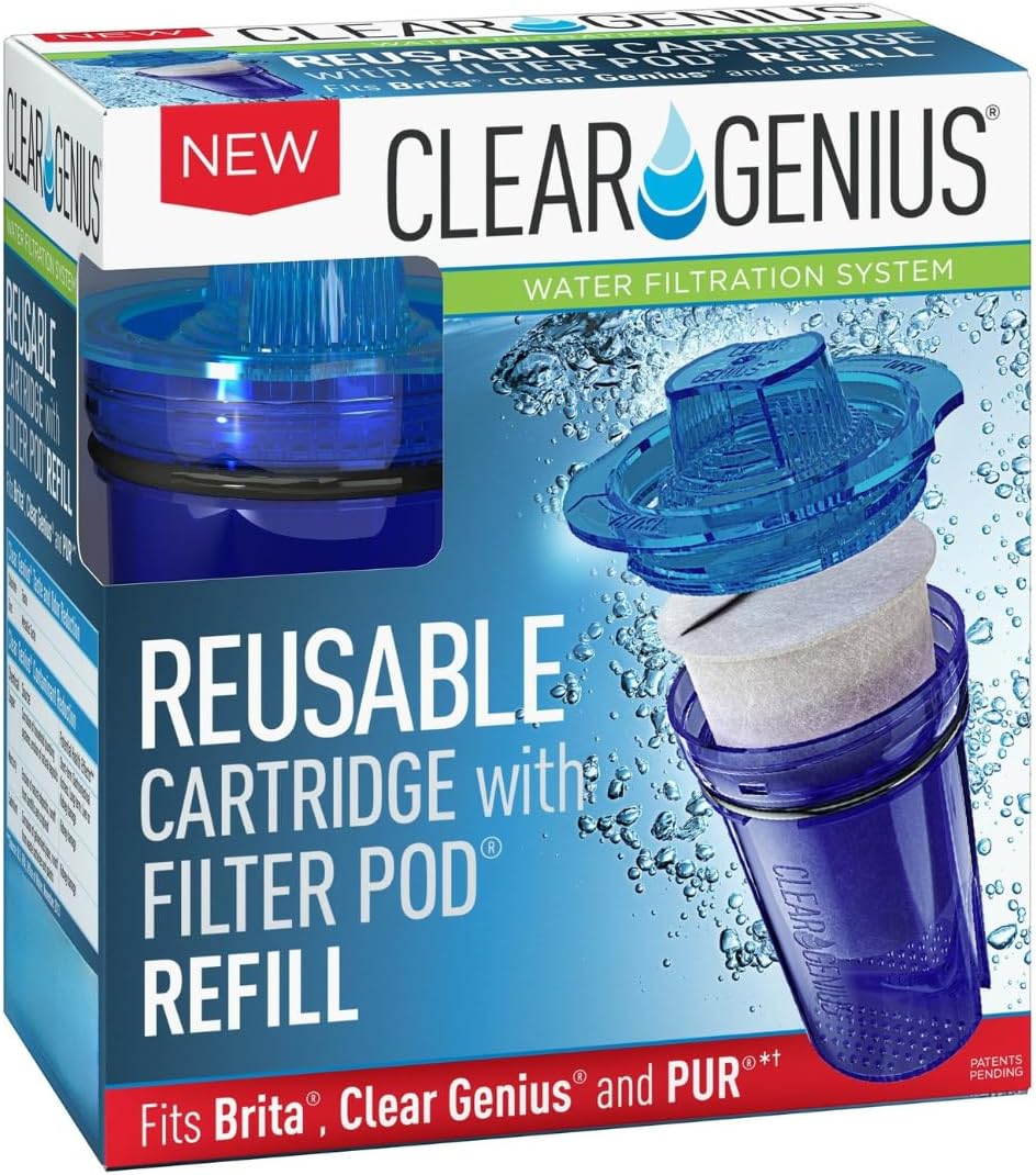 Reusable Cartridge with Filter Pod Refills - Replacement Water Filter Cartridge Compatible with Brita, Pur & Clear Genius Pitchers - Long-Lasting Filter Cartridge (Cartridge with 1 Filter Pod Refills)