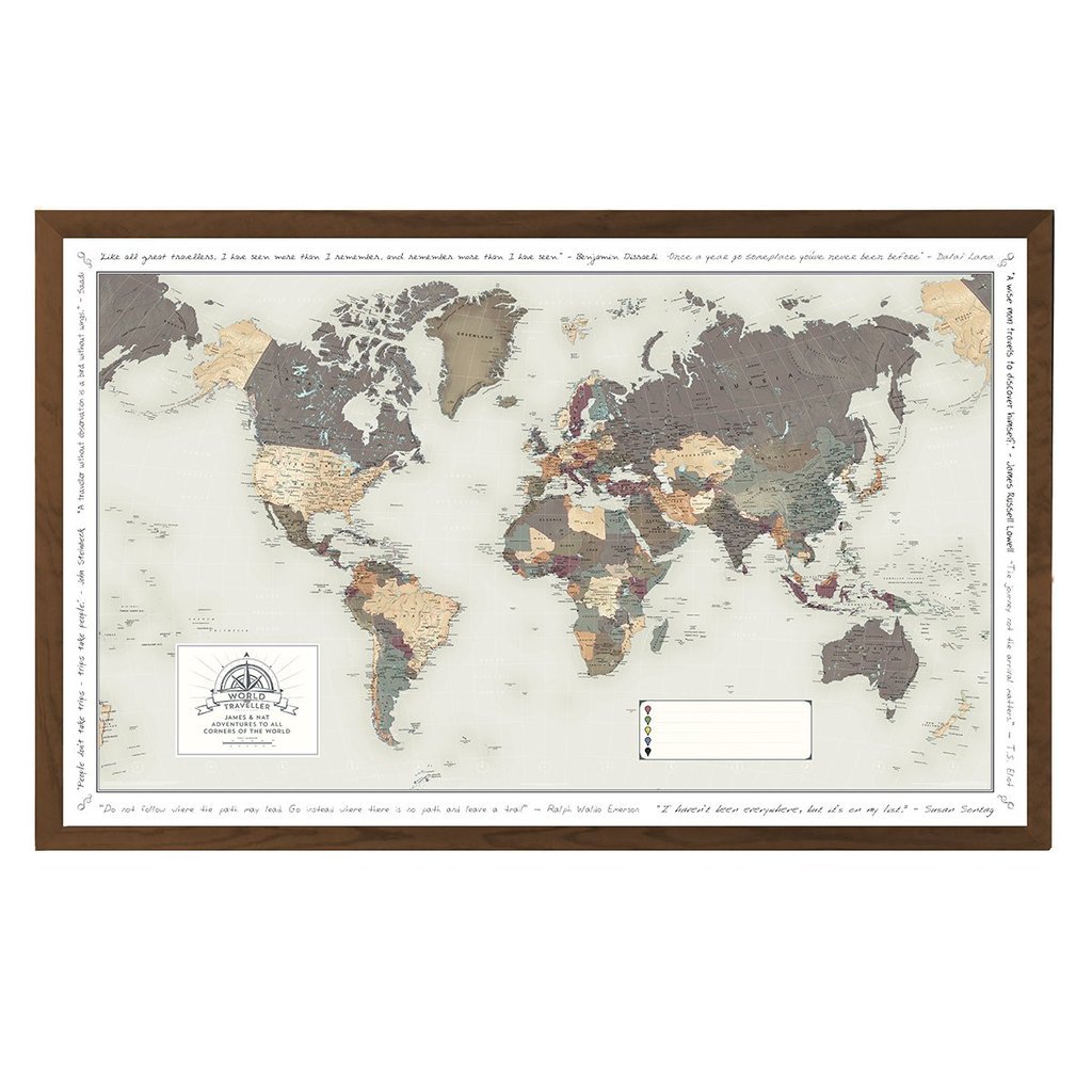 Personalised Pin Board World Map - Made of Cork with Frame 105 X 67cm - Memo Board Made of Cork with 100 Pins - Huge Poster with Pinboard, Wall Decoration