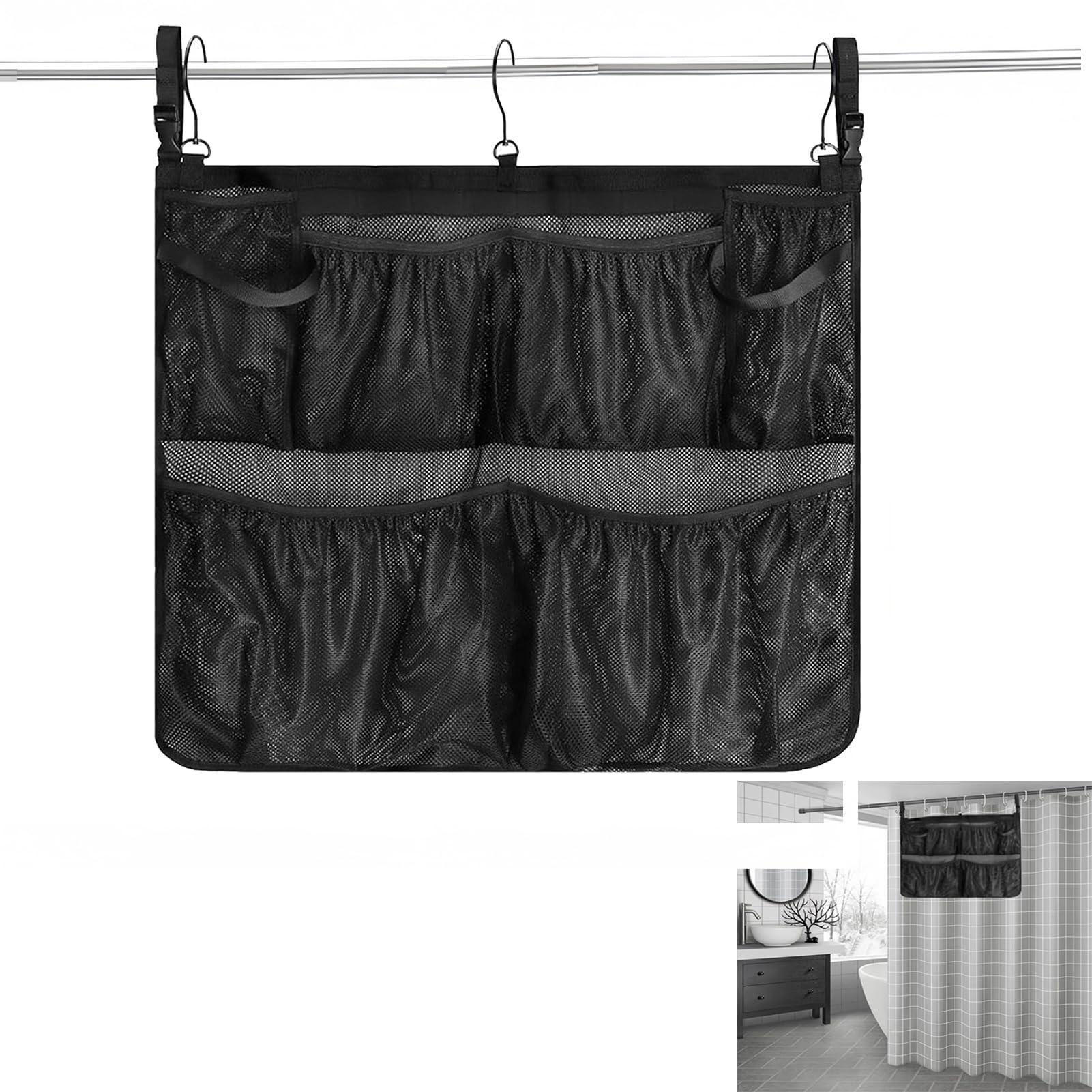 Mesh Shower Organizer, 23×20In Bathroom Storage Black Poolside Storage Mesh Bag Hanging Caddy Quick Dry Bathroom Storage (5 Pockets Large capacity)