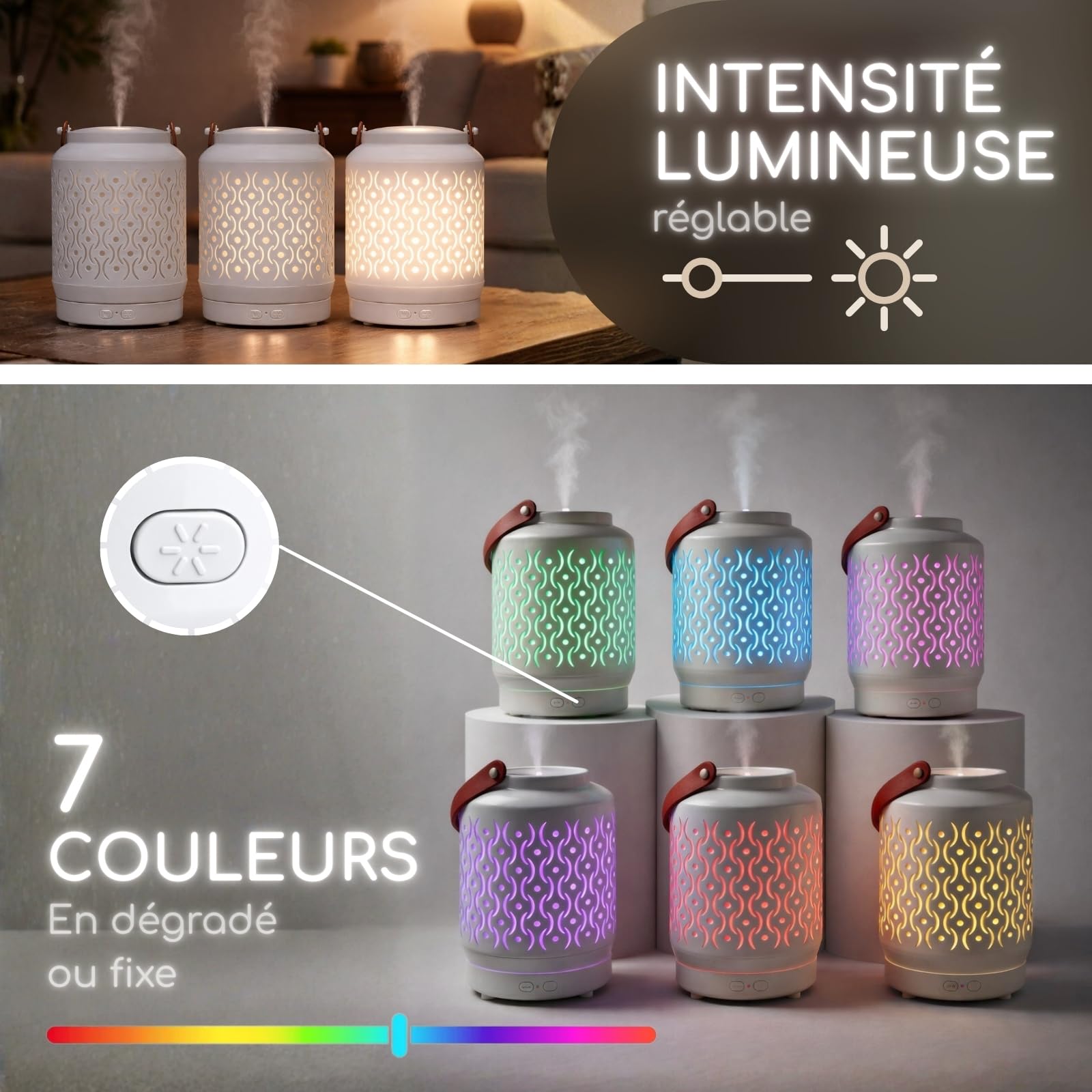 Zen’Arôme Diffuseur Ultrasonique sans Fil Madrid, Batterie Rechargeable Intégrée Autonomie 10h, Diffuseur Huile Essentielle Nomade, Diffusion Continue ou par Alternance, Éclairage LED Personnalisable
