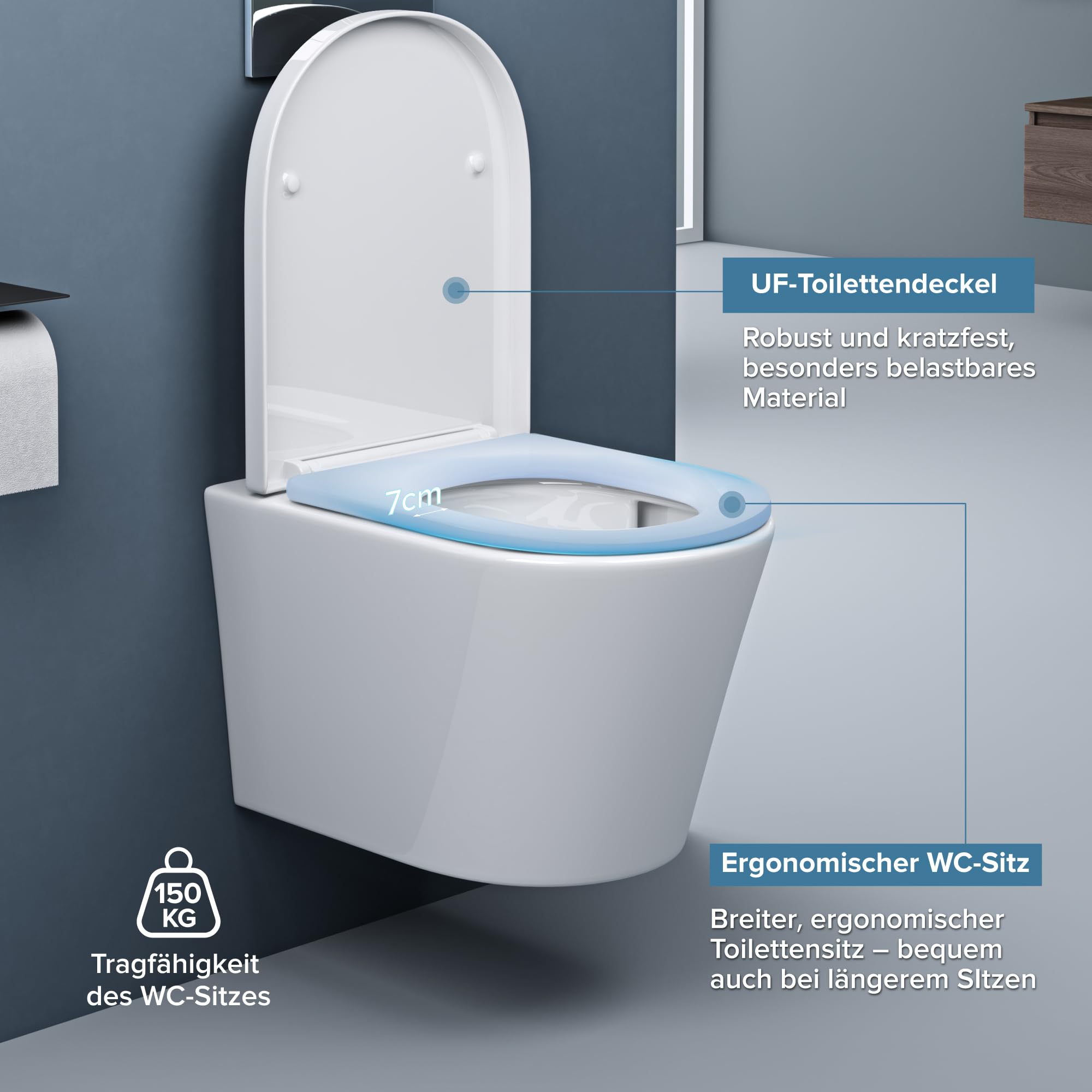doporro Hänge WC mit 360° Tornado-Spülung spülrandlos Wand-WC 52×36,5×35cm
