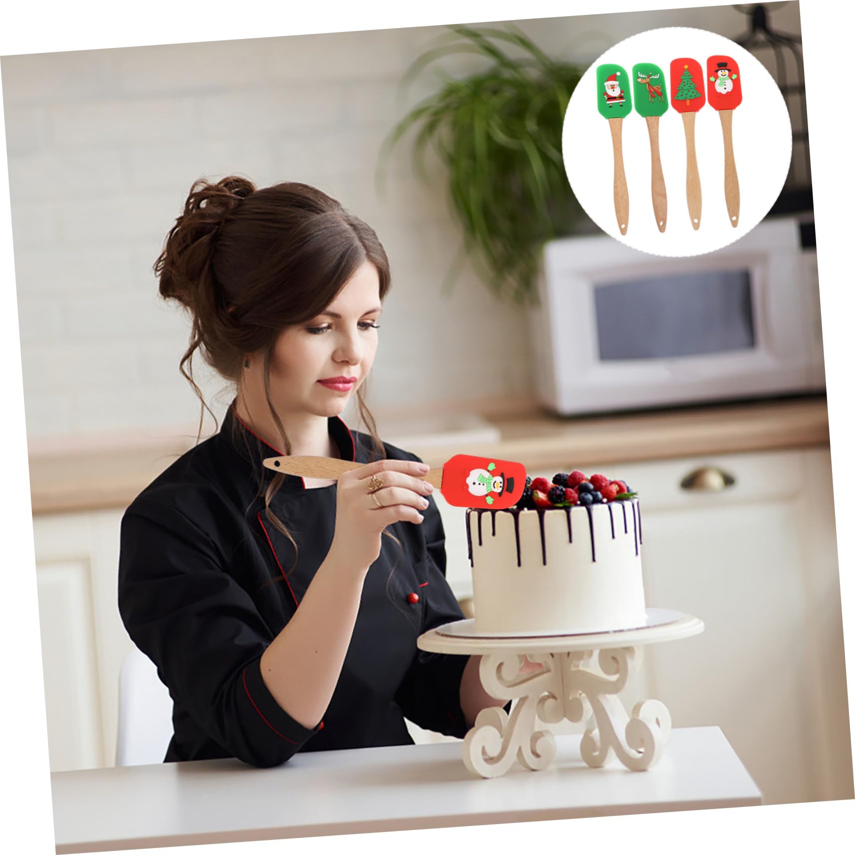 4piezas Raspador De Silicona Para Pasteles Espátula De Kit De Herramientas De Cocina Diseño Navideño Colores Mezclados