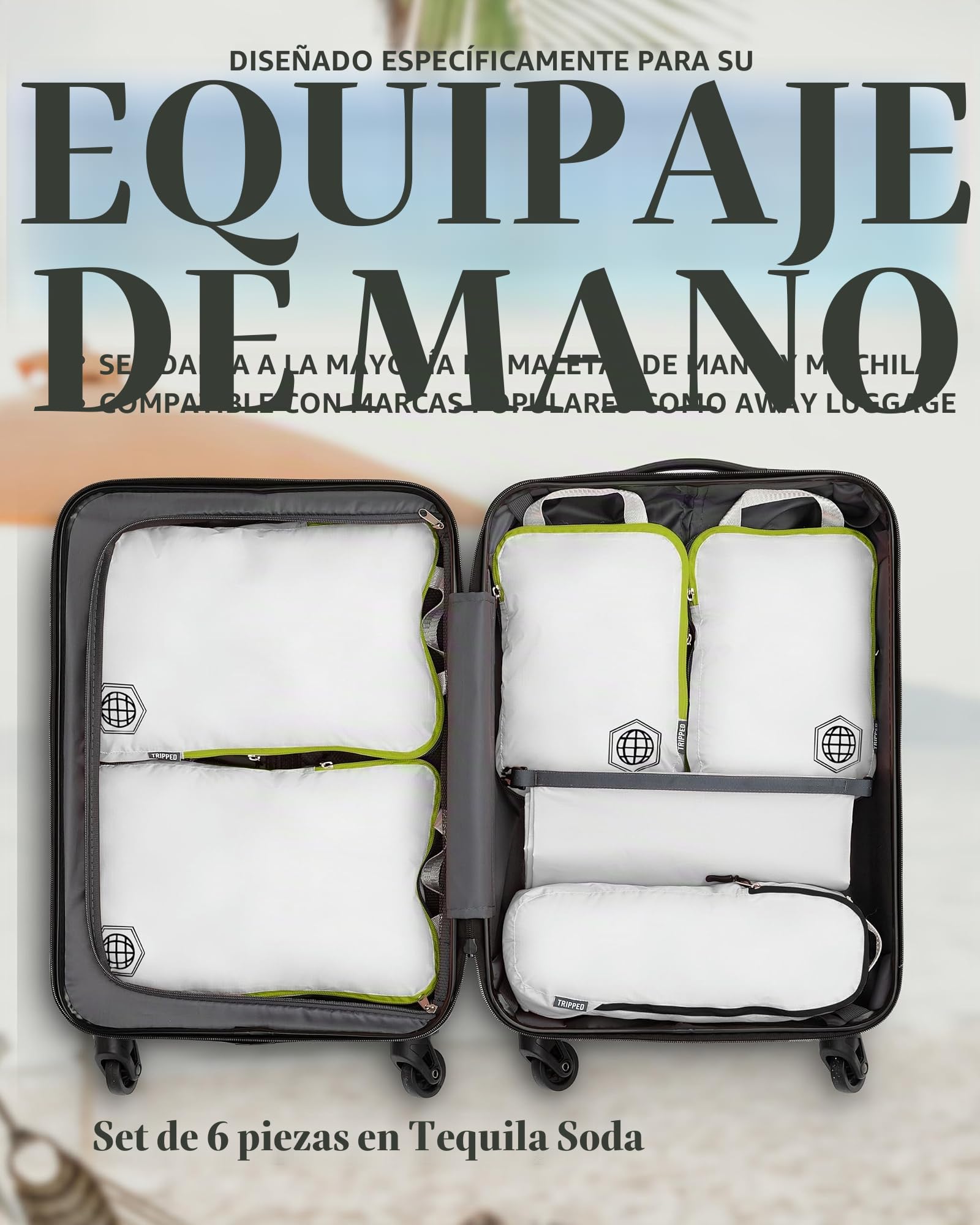TRIPPED Travel Gear Compresión embalaje cubos 6 Piece Set Carryon equipaje resistente ligero viajes organizador bolsas con cremallera doble (blanco y verde)