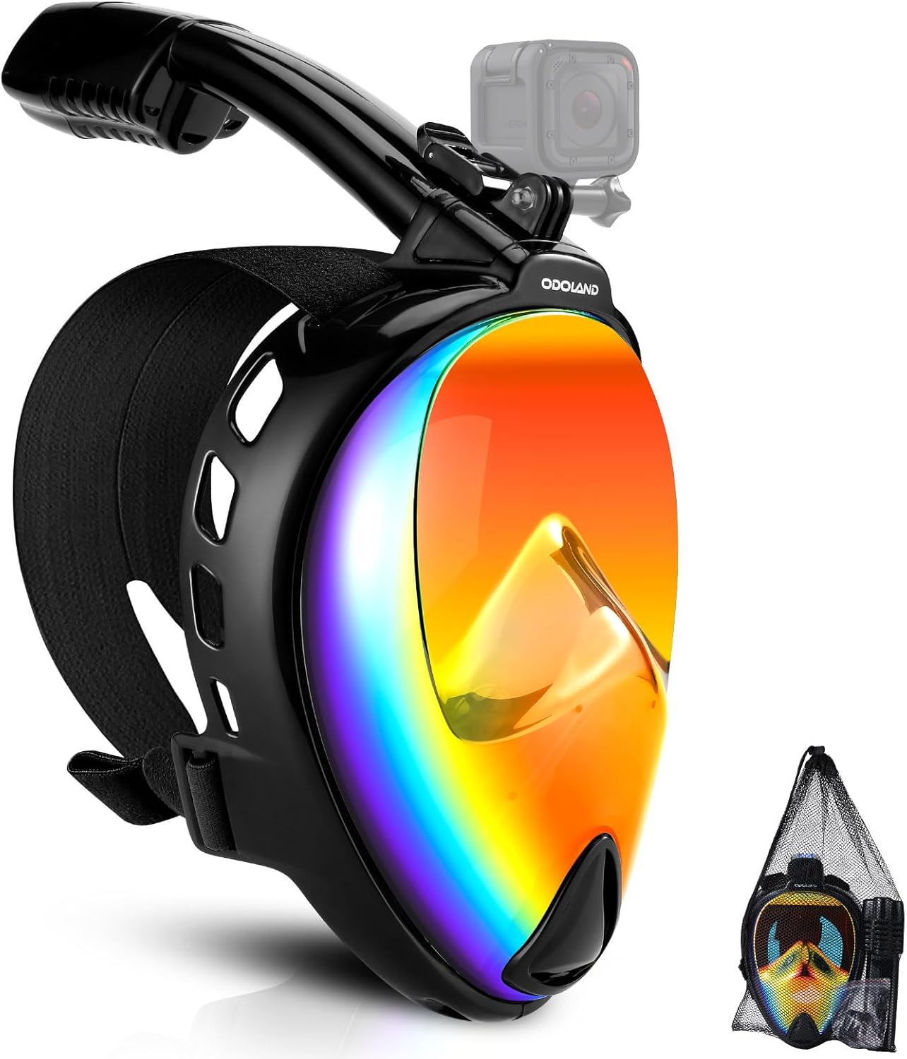 Odoland Snorkel Mask, Full Face Snorkeling Mask, 180 Panoramic View Diving Mask with Camera Mount, Dry Top System for Adult Orange L/XL (＞4.7'')