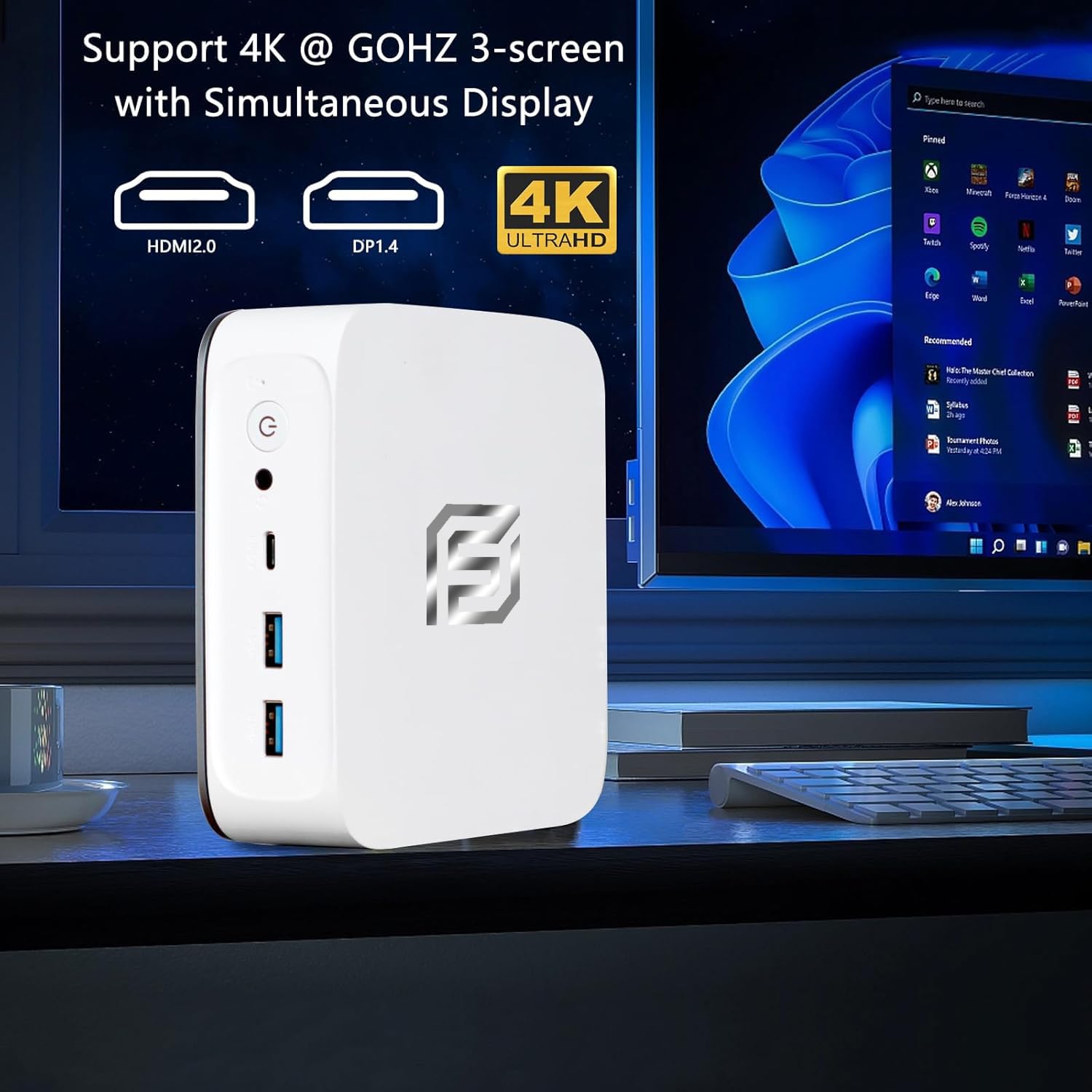 FUNYET Gaming Mini PC Win 11 Pro Laptop, N95(fino a 3.4Ghz, 15W) 16GB DDR4 RAM 1TB SSD Notebook, Desktop Computer 4K, HDMI+DP/RJ45/WIFI/BT/USB3.2, Bianco