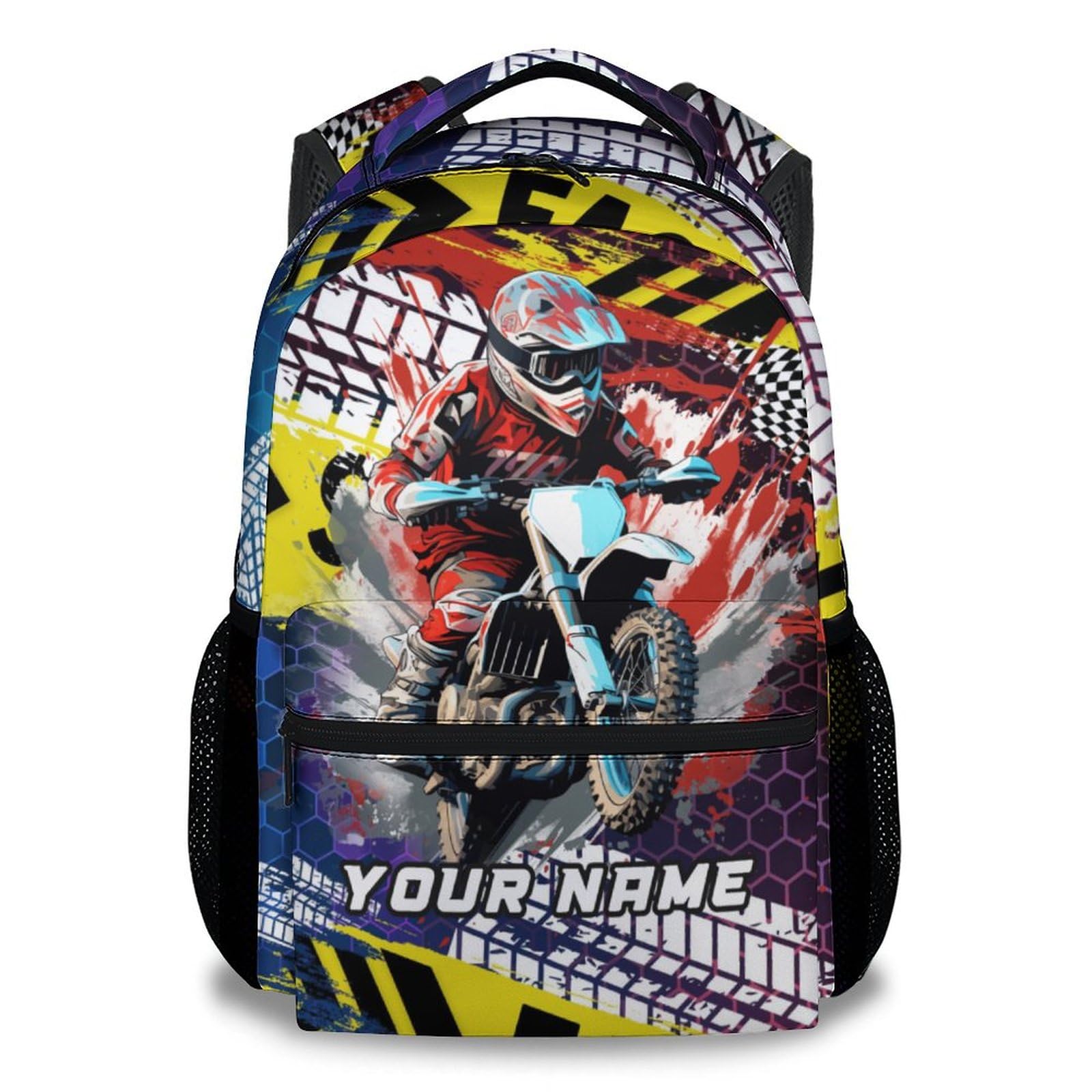 NICEFORNICE Personalized Backpack for Boys, 17 Inch Sport Motorcycle Backpacks for Kids, Large Capacity Travel Bookbag for Elementary & Kindergarten