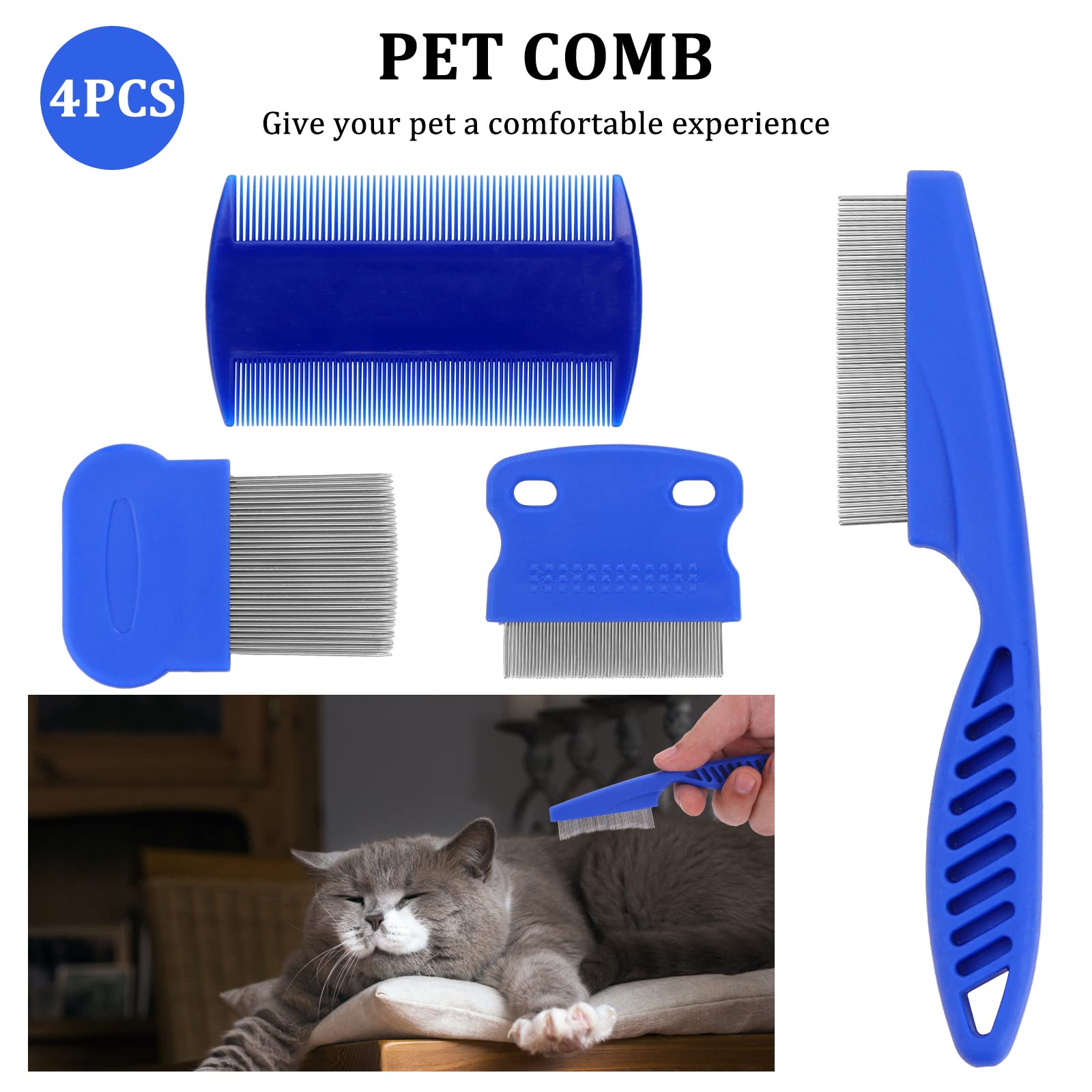 Cobee Peigne anti puces pour chien Peigne de toilettage pour chien et chat Peignes anti taches pour animaux de compagnie Outil de retrait de toilettage des dents fines (4 pièces)