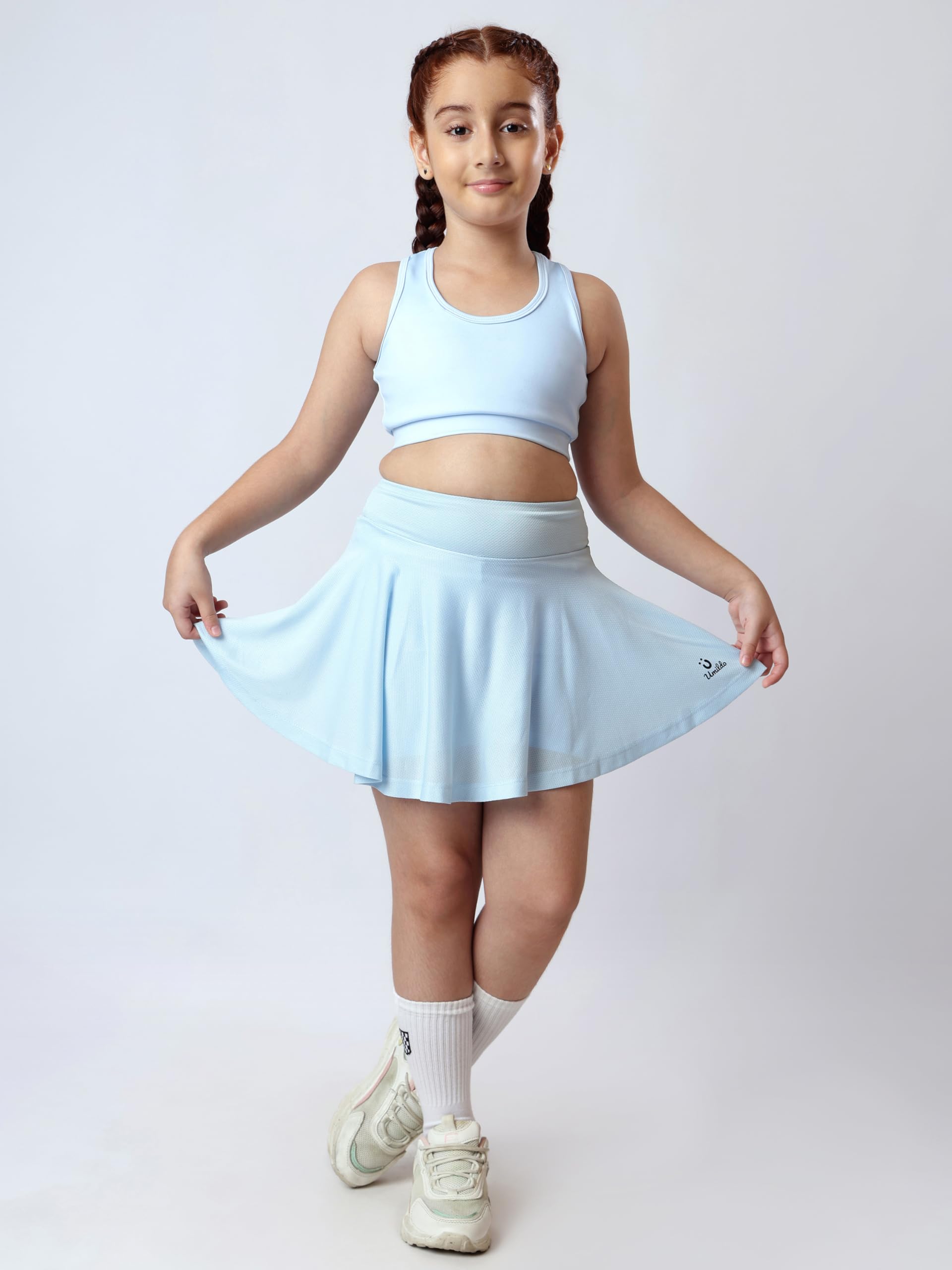 UMILDO Girls Activewear Skorts – Aqua Solid Sports Skorts with Convenient Pockets and Built-in Shorts for Tennis Skating & Dance (Ages 4–14) - Image 6 thumbnail