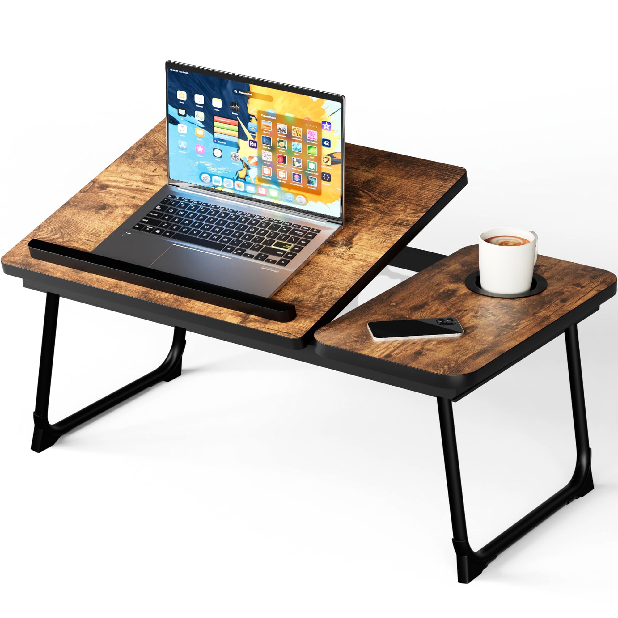Laptop Bed Table,Bed Desk with Foldable Legs & Cup Slot, Folding Table Adjustable Trays, Reading Book Holder Notebook Stand Laptop Tray for Bed, Sofa,Terrace,Carpet,Rustic Brown — image 1