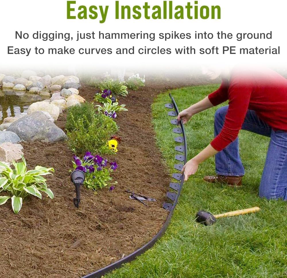 Japard Lawn Garden Edge, Edging Border 2 inch x 65.4 ft Kit with 60 Spikes, Flexible for Landscaping Raised Flower Beds Stone Yard Pathway Black