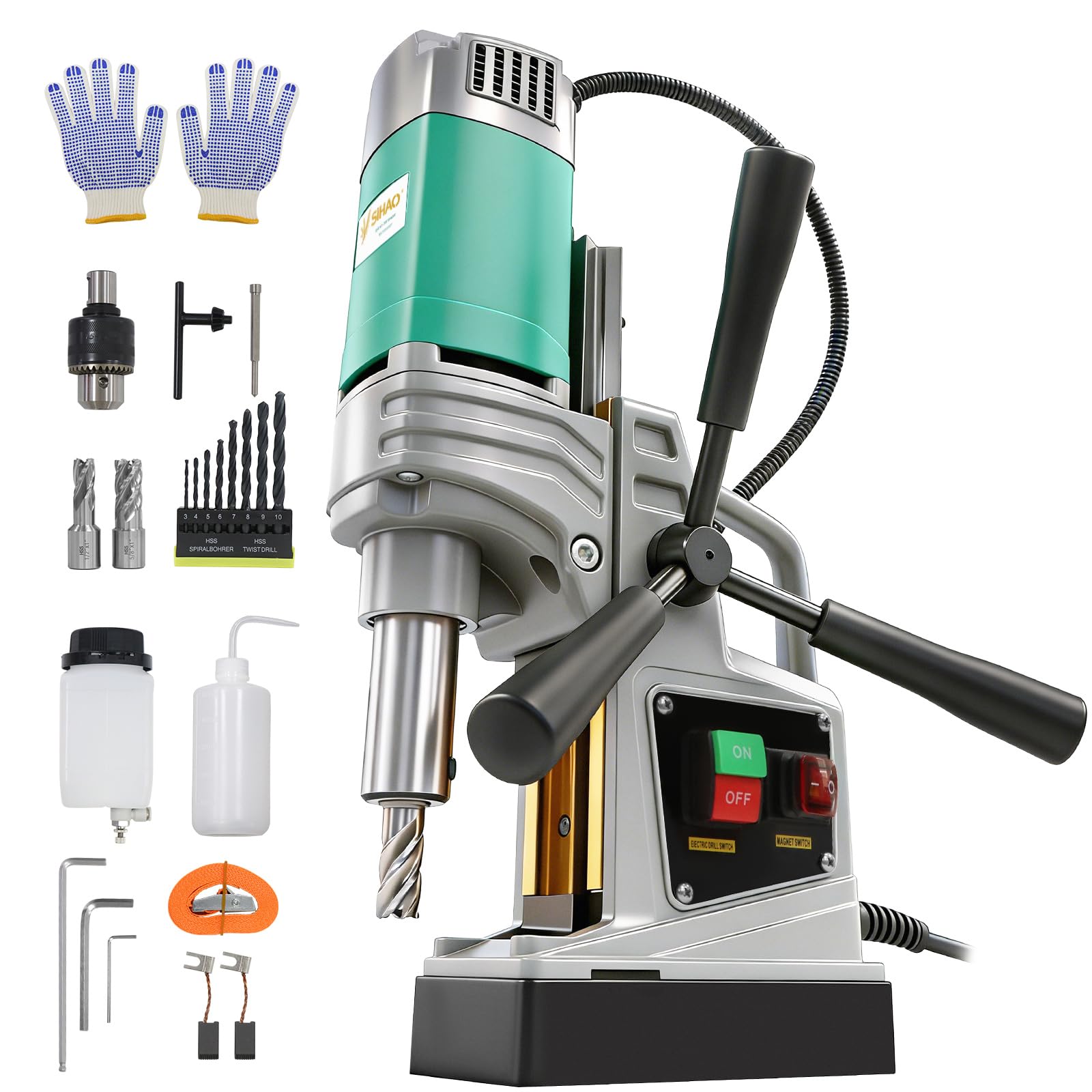 Magnetic Drill, 1450W 2" Boring Diameter, 820 RPM Mag Drill Press with 2 Coring Bits, 8 Twist Drills, 1450W Power Magnetic, for Metal Surface, Industrial and Home Improvement(1450W-8850)